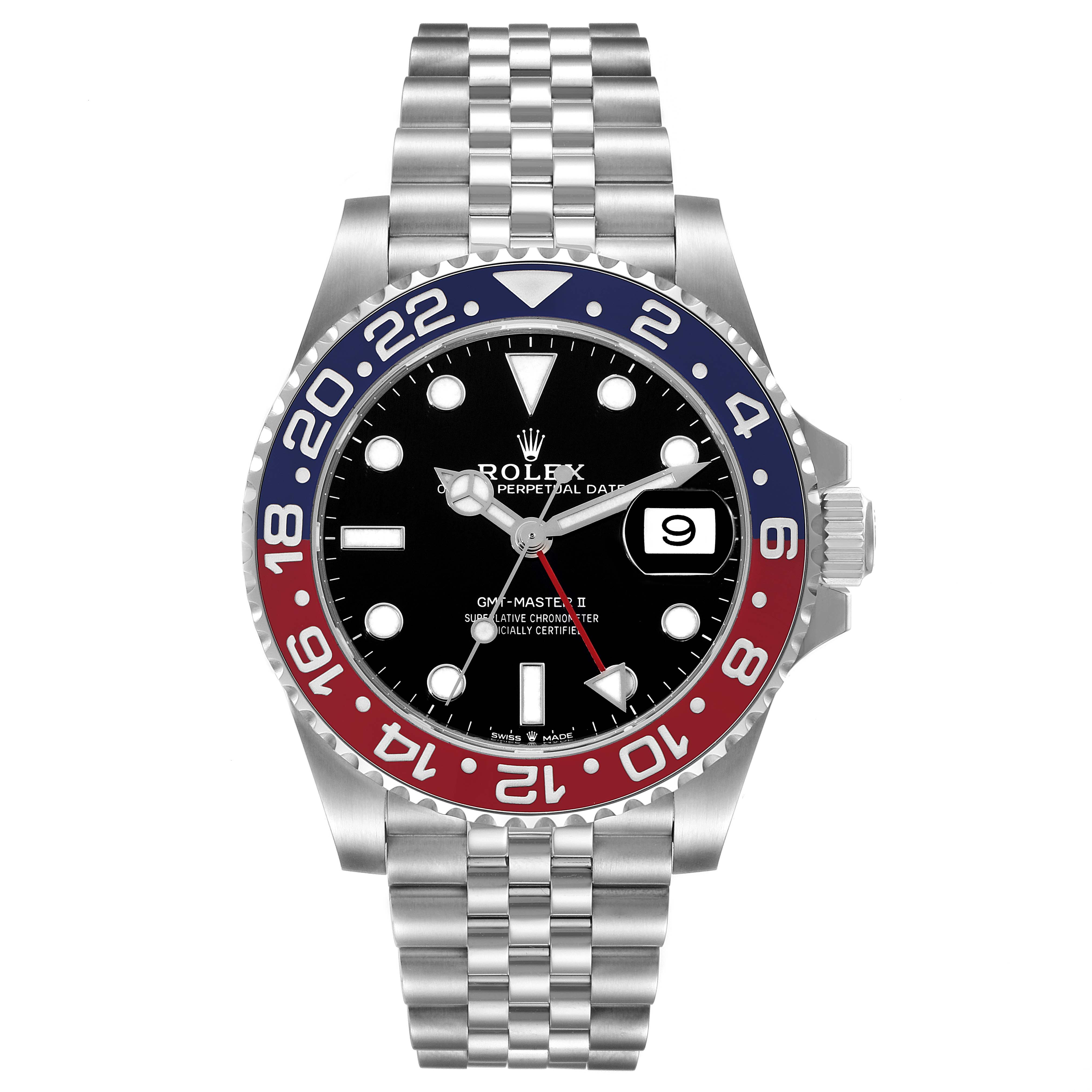 The image shows a Rolex GMT-Master 126710BLRO Men
s Stainless Steel Black Dial 126710BLRO Men
s Stainless Steel Black Dial II watch from a front angle, highlighting the dial, bezel, and bracelet.
