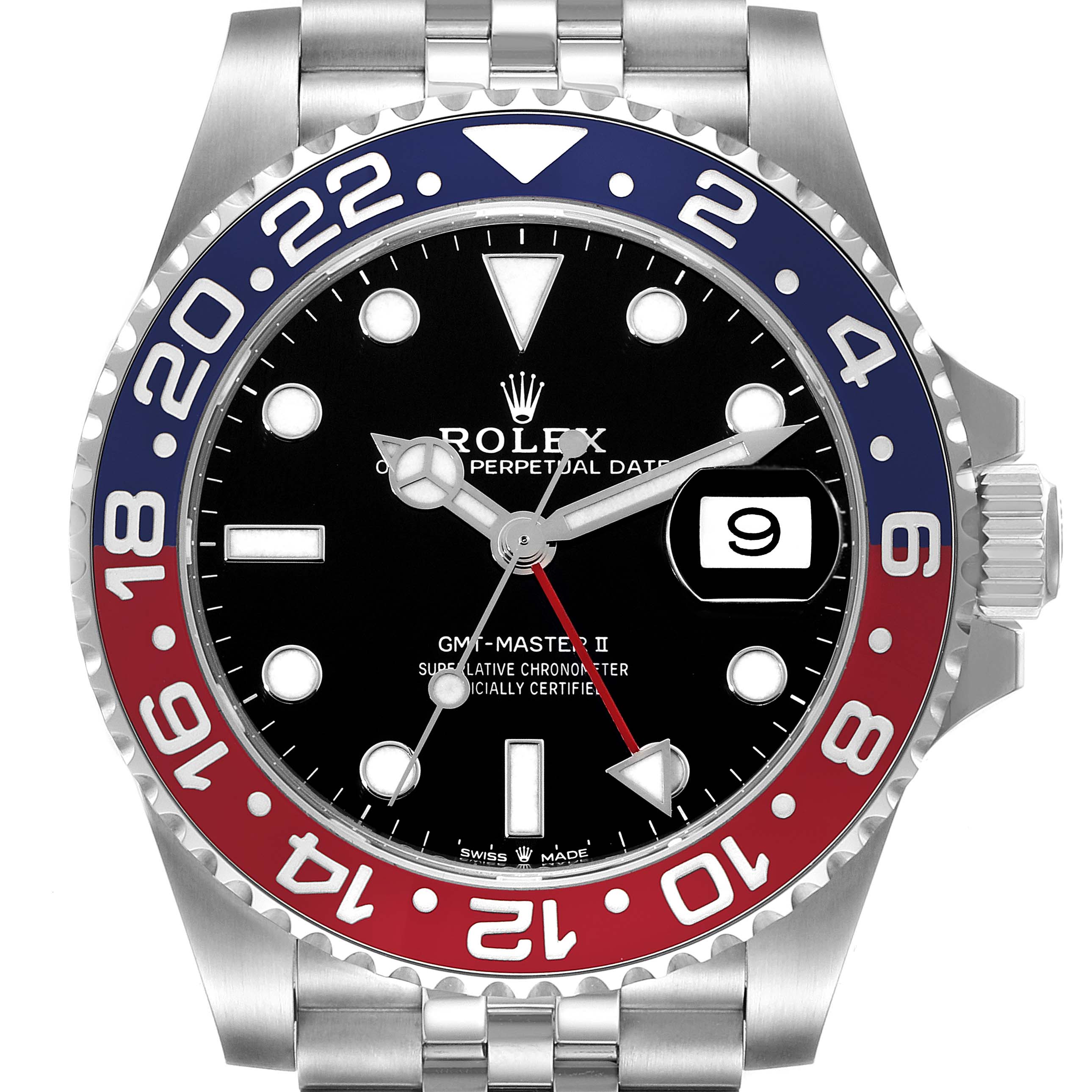 The Rolex GMT-Master 126710BLRO Men
s Stainless Steel Black Dial 126710BLRO Men
s Stainless Steel Black Dial watch is shown from the front, featuring the dial, bezel, hands, bracelet, and date window.