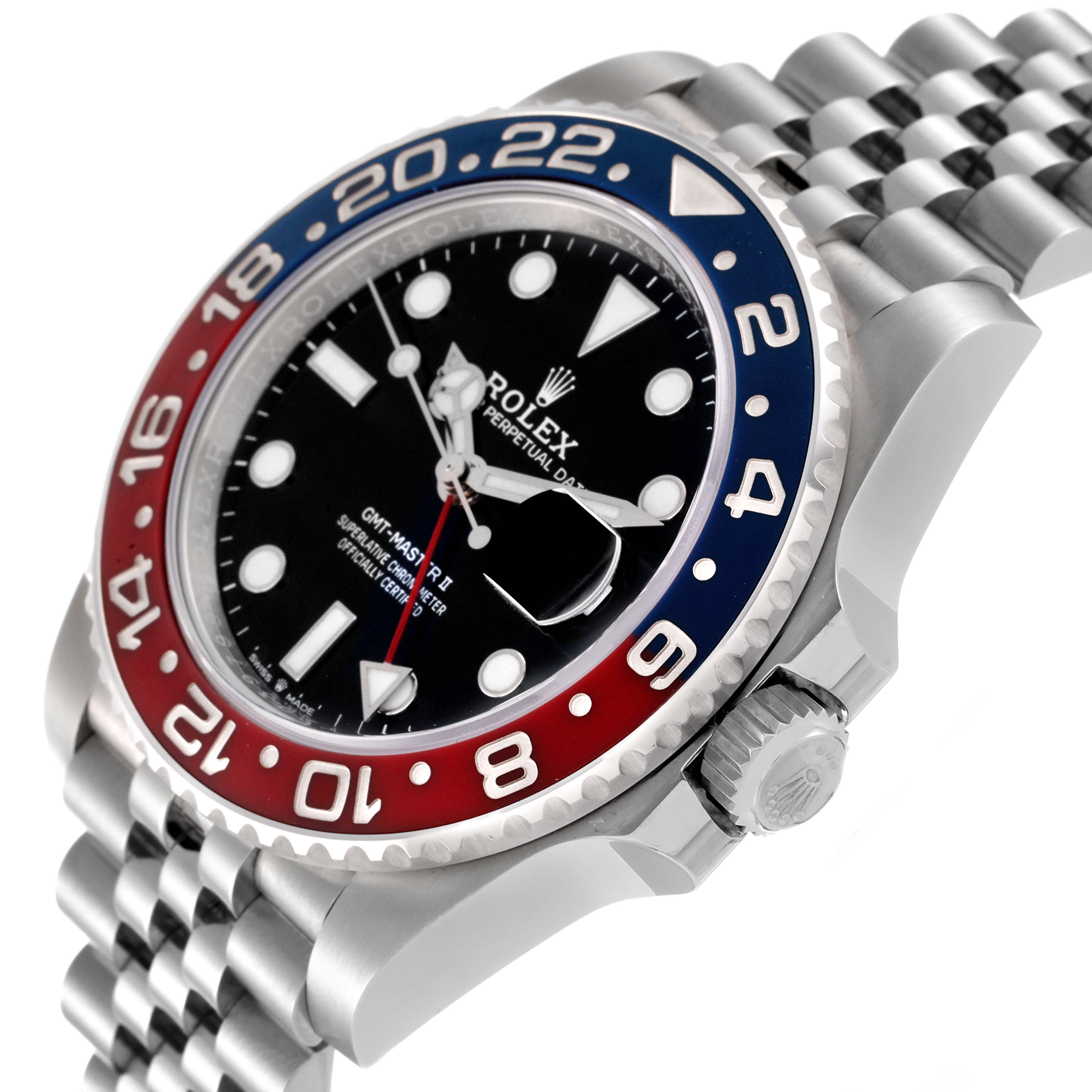 The image shows a close-up angle of the Rolex GMT-Master 126710BLRO Men
s Stainless Steel Black Dial 126710BLRO Men
s Stainless Steel Black Dial watch, displaying the face, bezel, crown, and part of the bracelet.