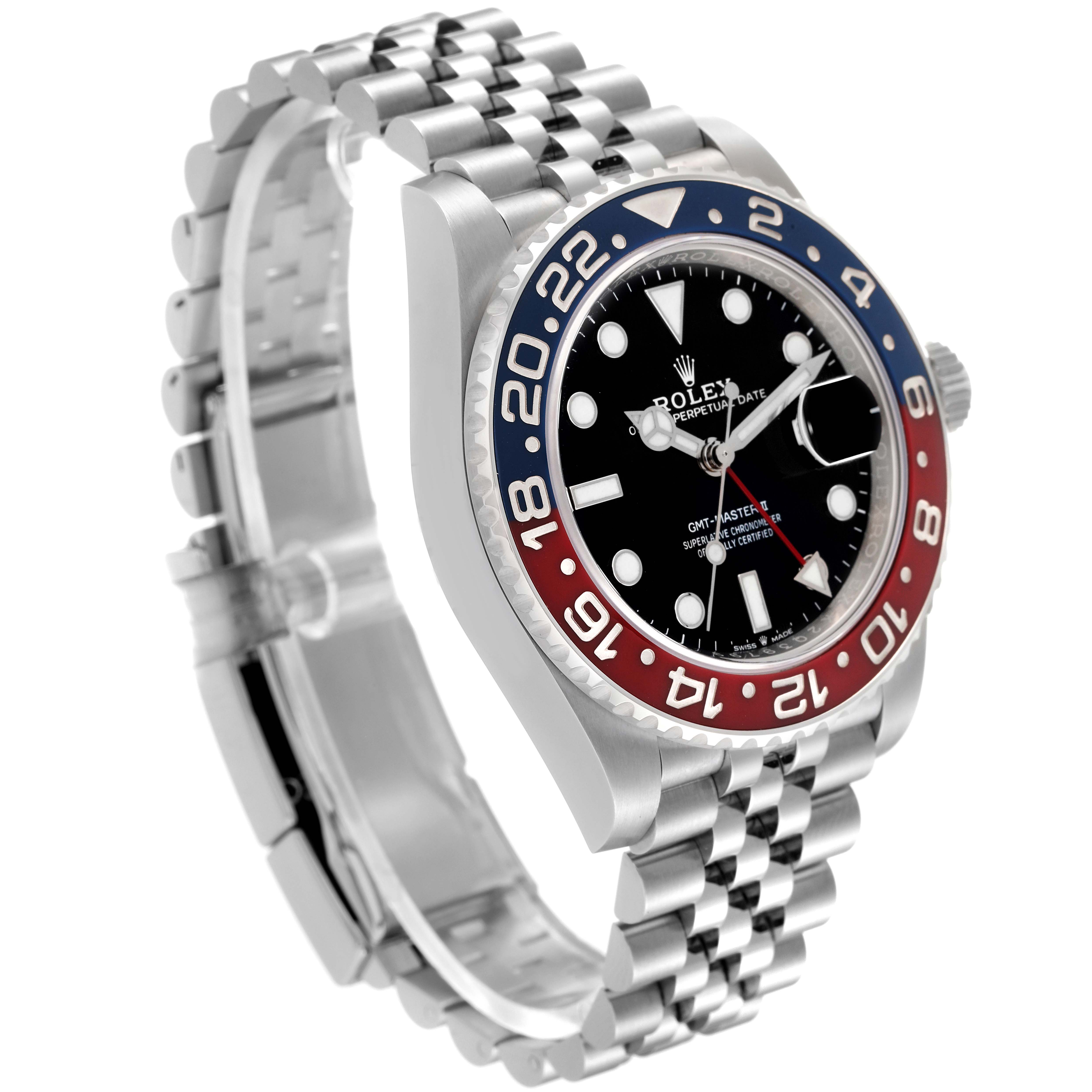 The image shows a Rolex GMT-Master 126710BLRO Men
s Stainless Steel Black Dial 126710BLRO Men
s Stainless Steel Black Dial watch with a Jubilee bracelet at an angled side view, highlighting its bezel, dial, and case.