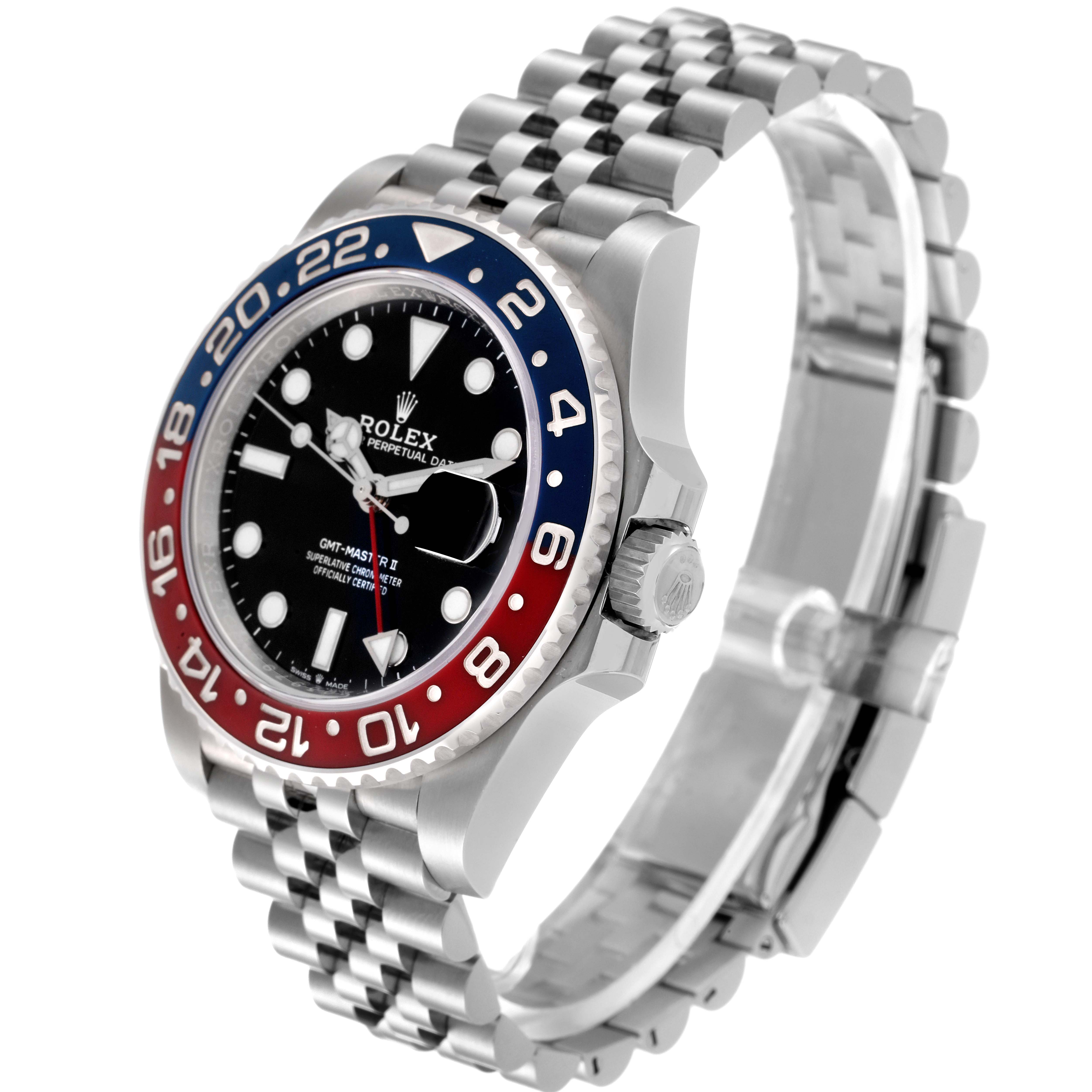 The image shows a 3/4 view of the Rolex GMT-Master 126710BLRO Men
s Stainless Steel Black Dial 126710BLRO Men
s Stainless Steel Black Dial watch, highlighting the bezel, dial, crown, and bracelet.