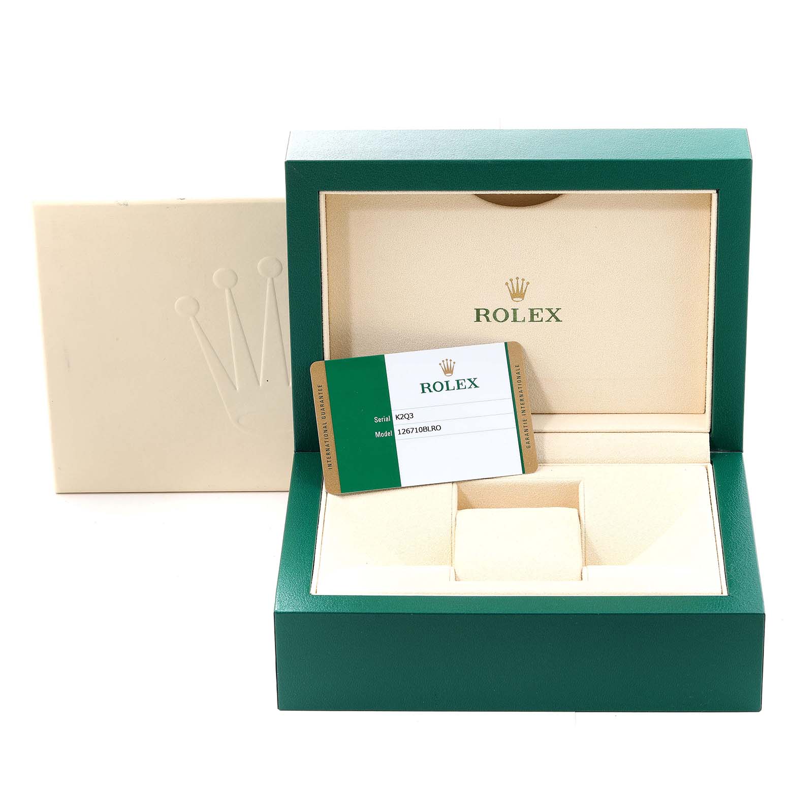 The image shows the open packaging box and identification card for a Rolex GMT-Master 126710BLRO Men
s Stainless Steel Black Dial 126710BLRO Men
s Stainless Steel Black Dial watch.