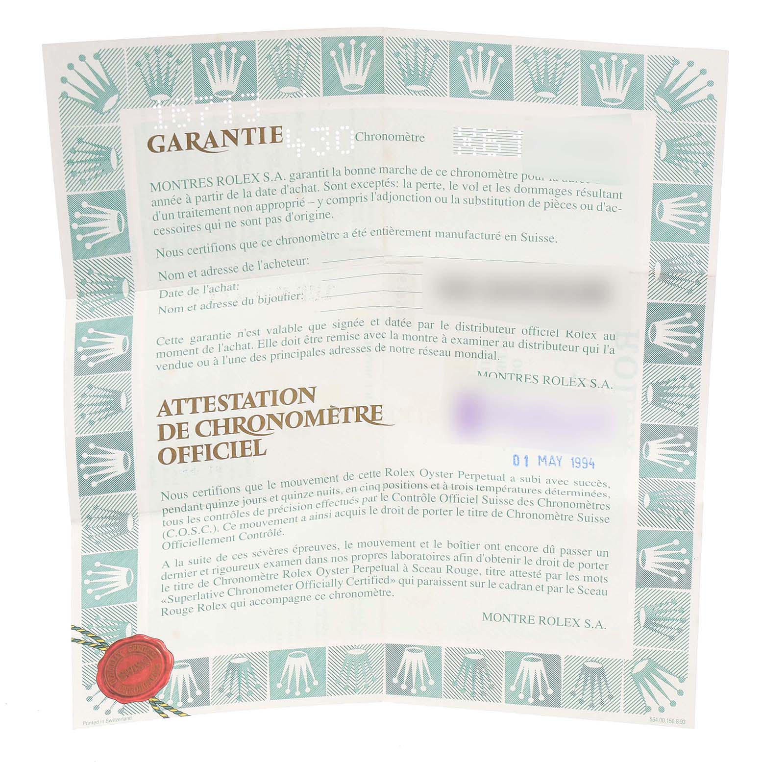 The image shows a warranty certificate for a Rolex GMT-Master 16713 Men's Steel and Gold (two tone) Black Dial 16713 Men's Steel and Gold (two tone) Black Dial, featuring the official guarantees and purchase details.