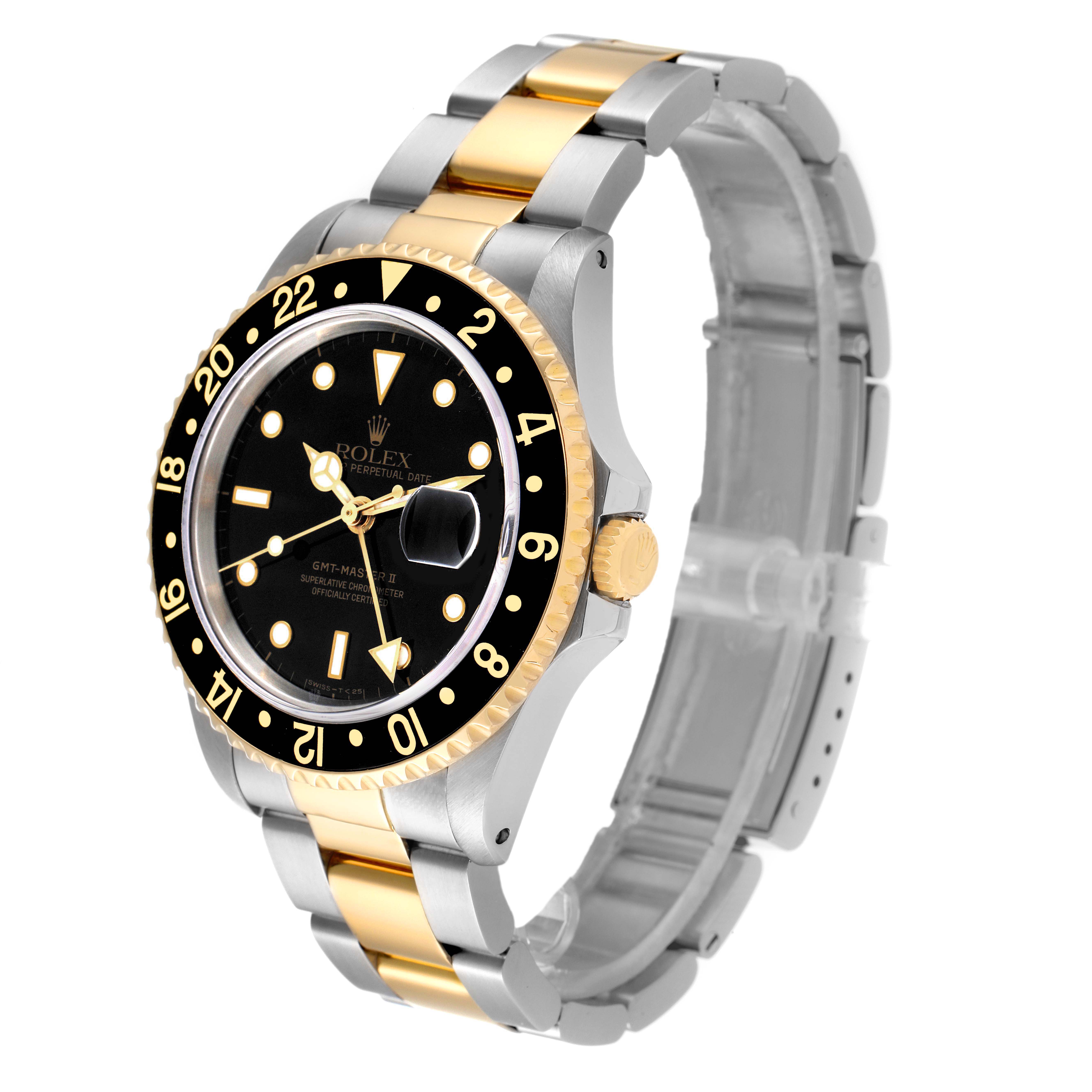 The image shows a Rolex GMT-Master 16713 Men's Steel and Gold (two tone) Black Dial 16713 Men's Steel and Gold (two tone) Black Dial II watch from a three-quarter angle, highlighting its bezel, dial, and bracelet.