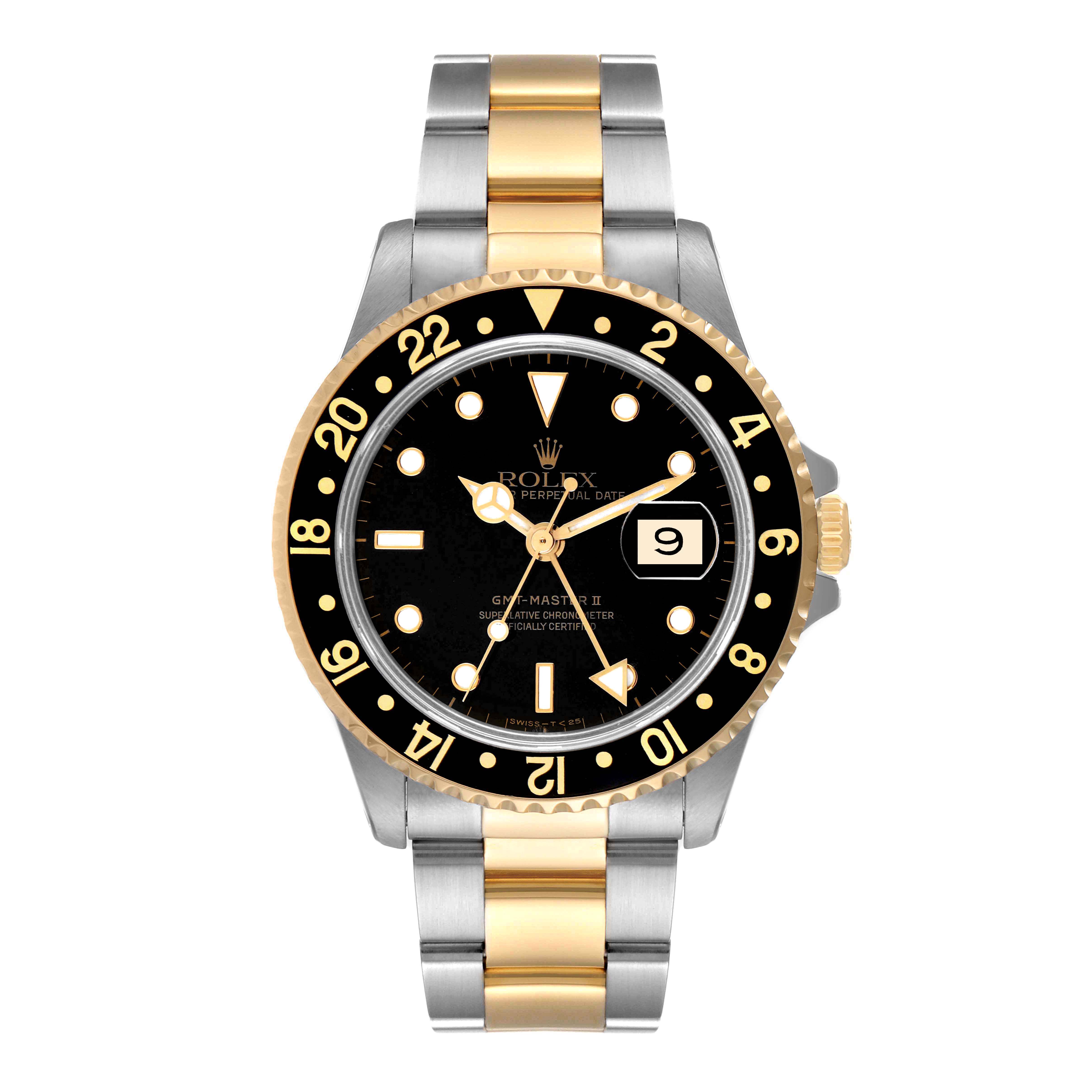 This image shows a front view of the Rolex GMT-Master 16713 Men's Steel and Gold (two tone) Black Dial 16713 Men's Steel and Gold (two tone) Black Dial II watch, displaying its black dial, bezel, and two-tone bracelet.