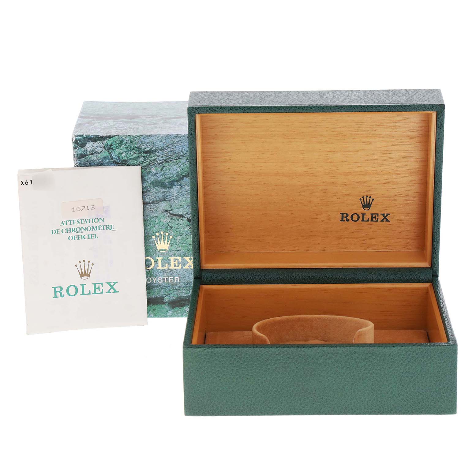 The image shows the open box, outer box, and manuals for a Rolex GMT-Master 16713 Men's Steel and Gold (two tone) Black Dial 16713 Men's Steel and Gold (two tone) Black Dial watch.