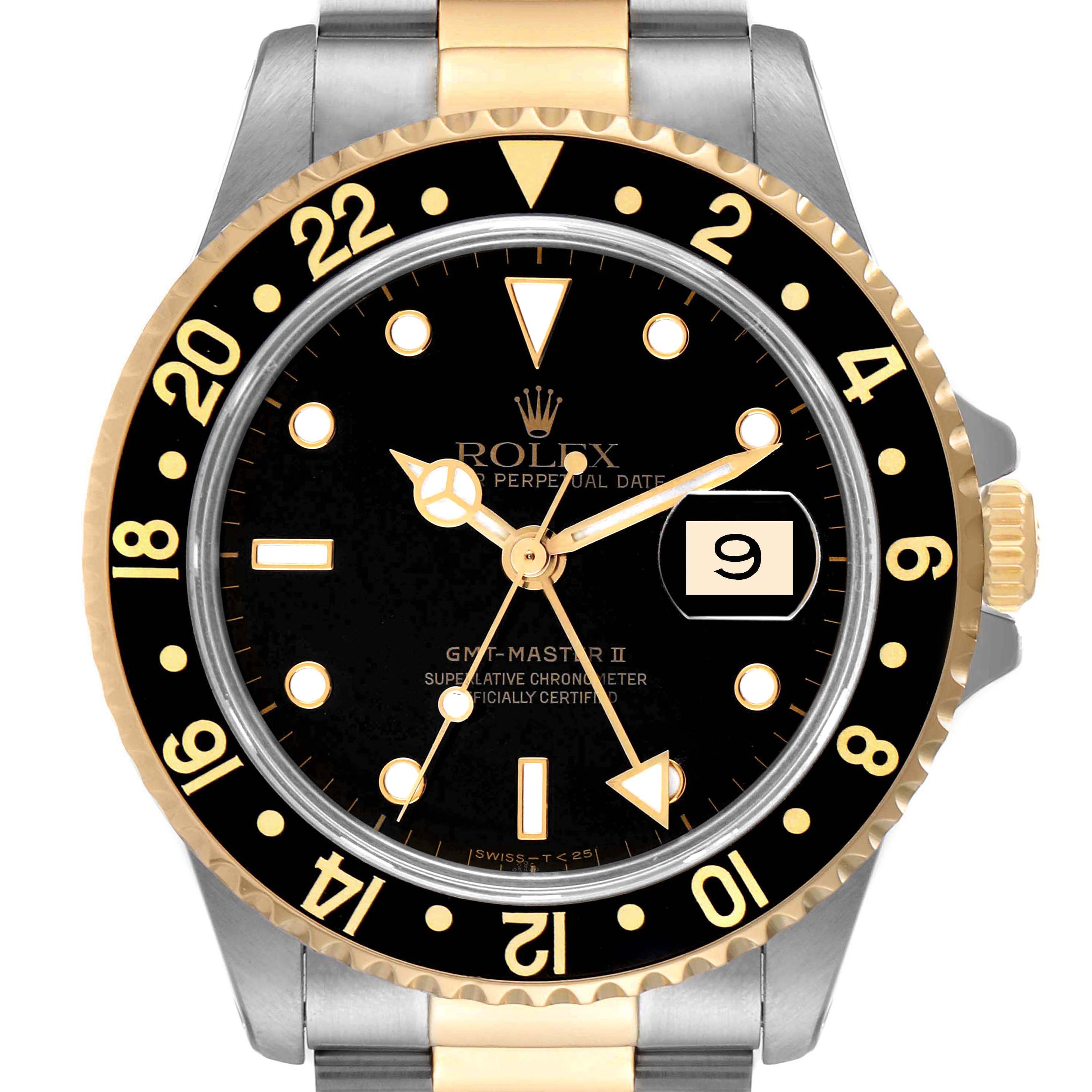 This image shows a front view of the Rolex GMT-Master 16713 Men's Steel and Gold (two tone) Black Dial 16713 Men's Steel and Gold (two tone) Black Dial II watch, highlighting its bezel, dial, and part of the bracelet.
