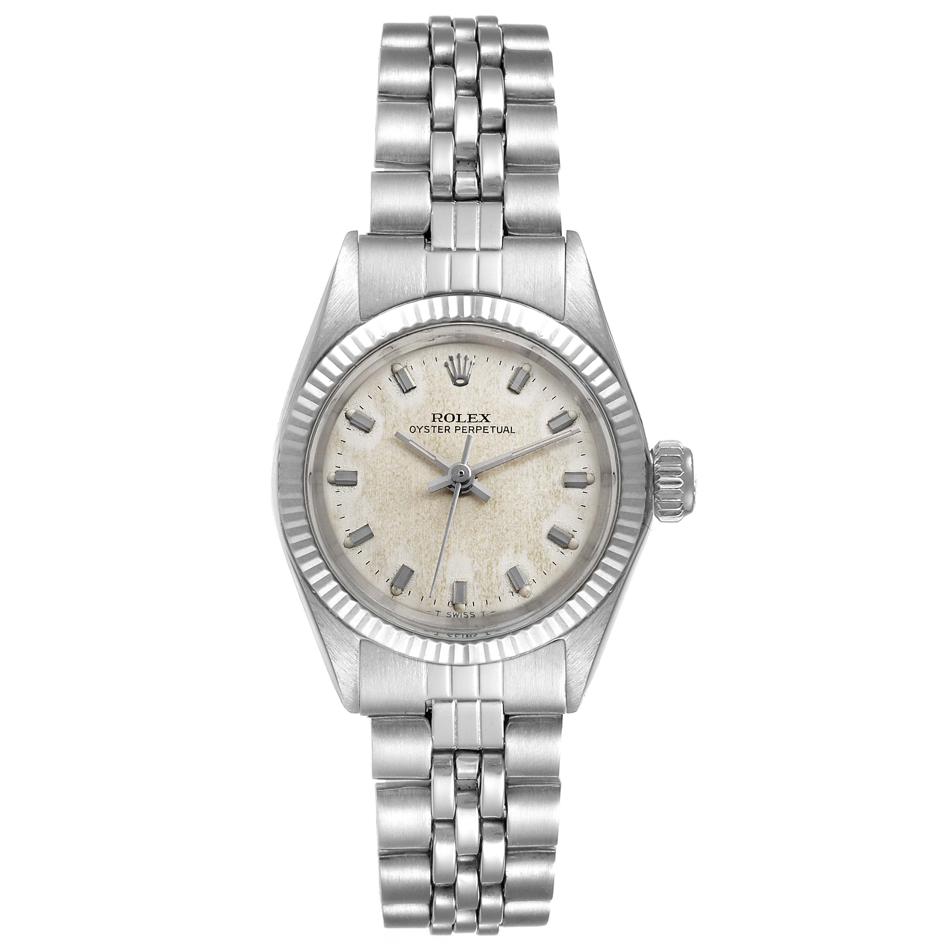 The image shows a front view of a Rolex Oyster Perpetual 6619 Women's Stainless Steel Silver Dial 6619 Women's Stainless Steel Silver Dial watch, displaying the face, bezel, and part of the bracelet.