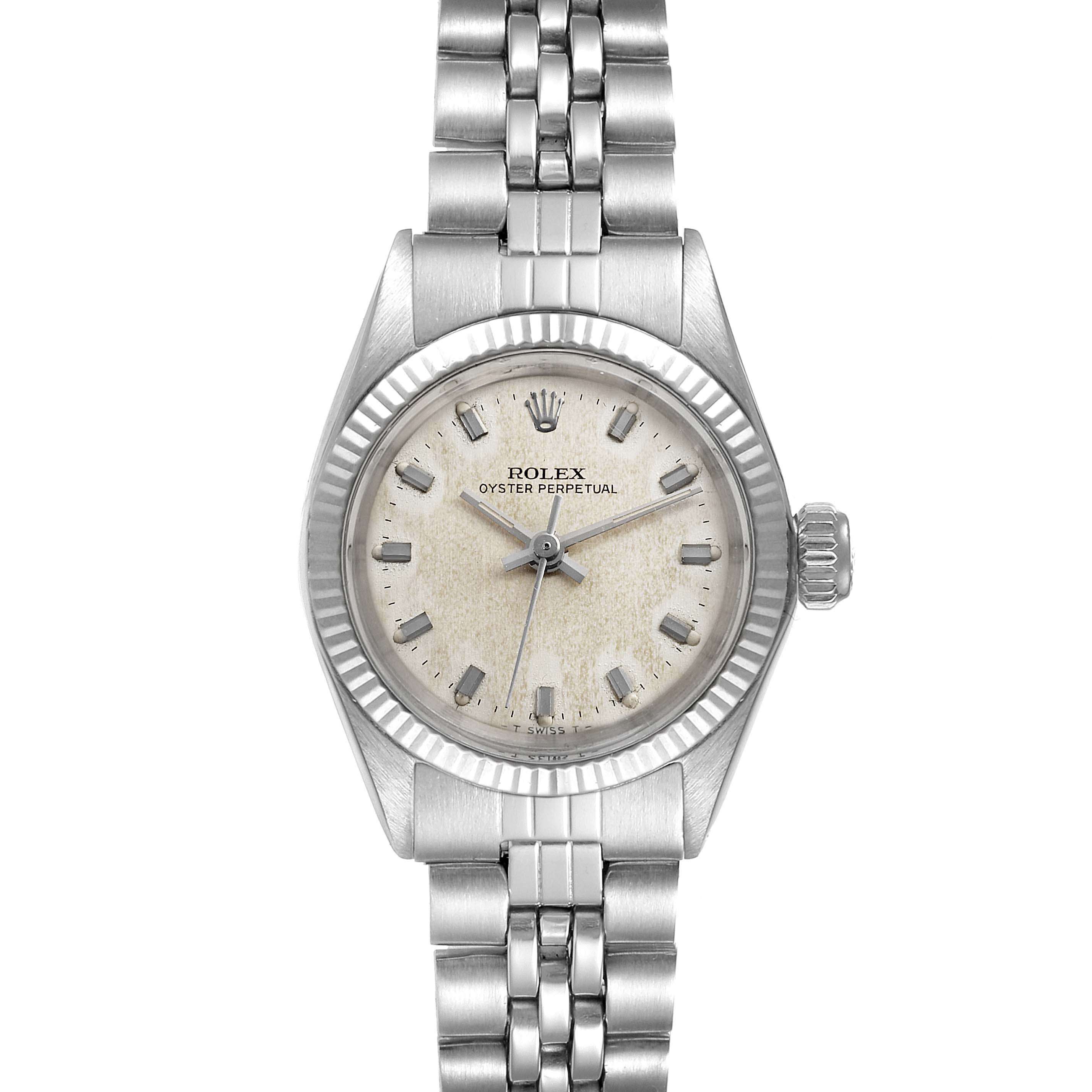 The image shows a front view of a Rolex Oyster Perpetual 6619 Women's Stainless Steel Silver Dial 6619 Women's Stainless Steel Silver Dial watch, displaying the dial, hands, crown, and bracelet.