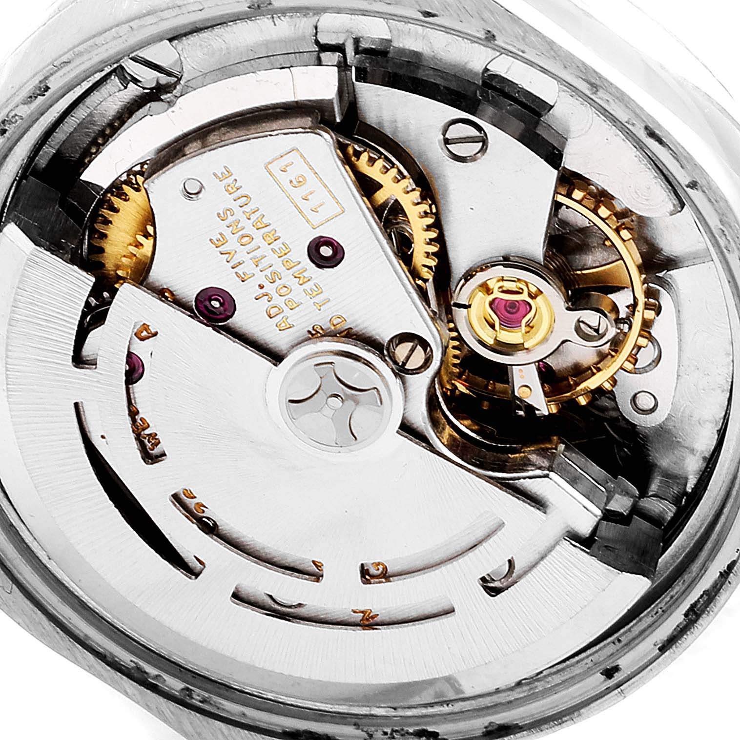 The image shows a close-up of the movement and internal mechanism of a Rolex Oyster Perpetual 6619 Women's Stainless Steel Silver Dial 6619 Women's Stainless Steel Silver Dial watch.