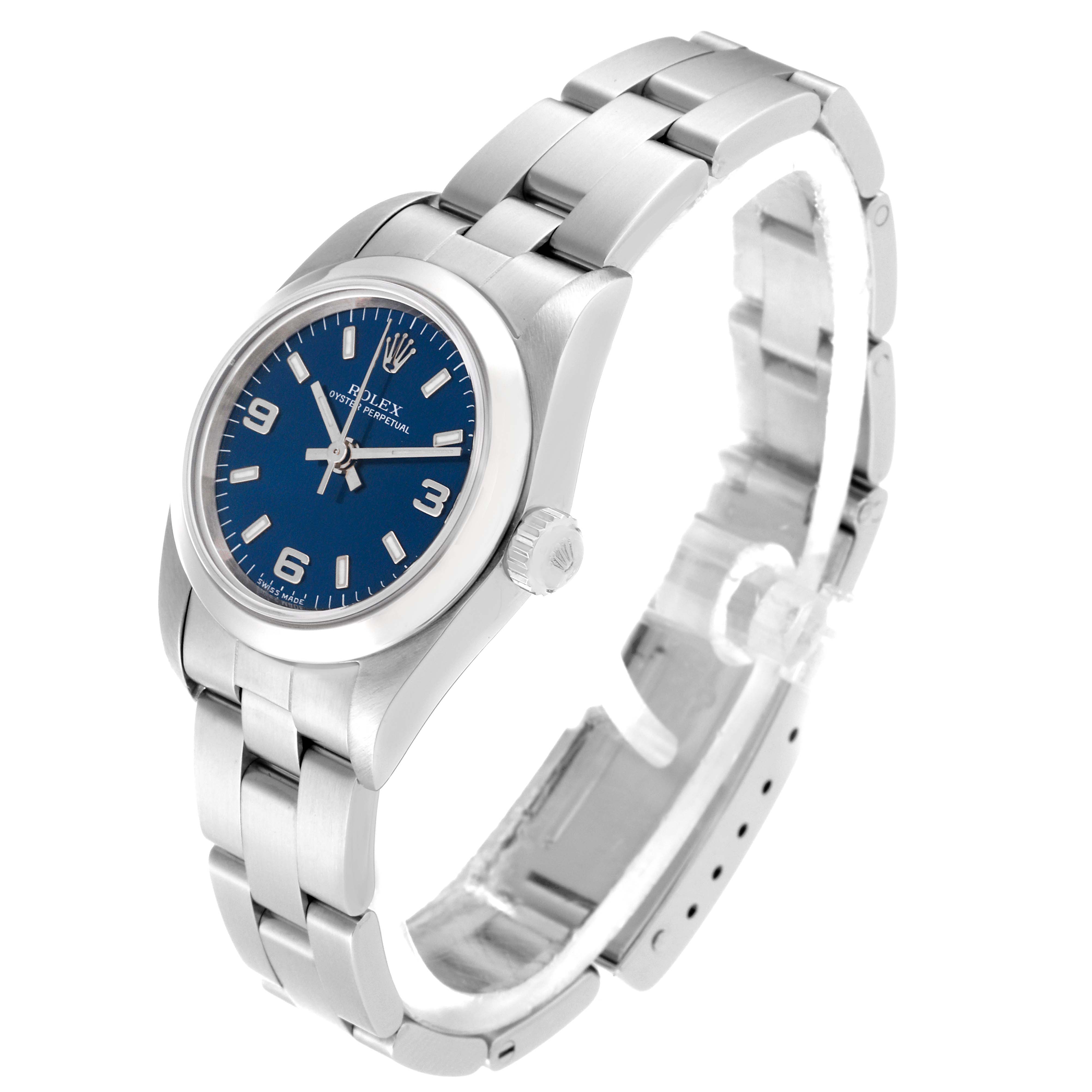 The image shows a Rolex Oyster Perpetual 76080 Women's Stainless Steel Blue Dial 76080 Women's Stainless Steel Blue Dial watch angled from the front left, showcasing the dial, crown, and bracelet.