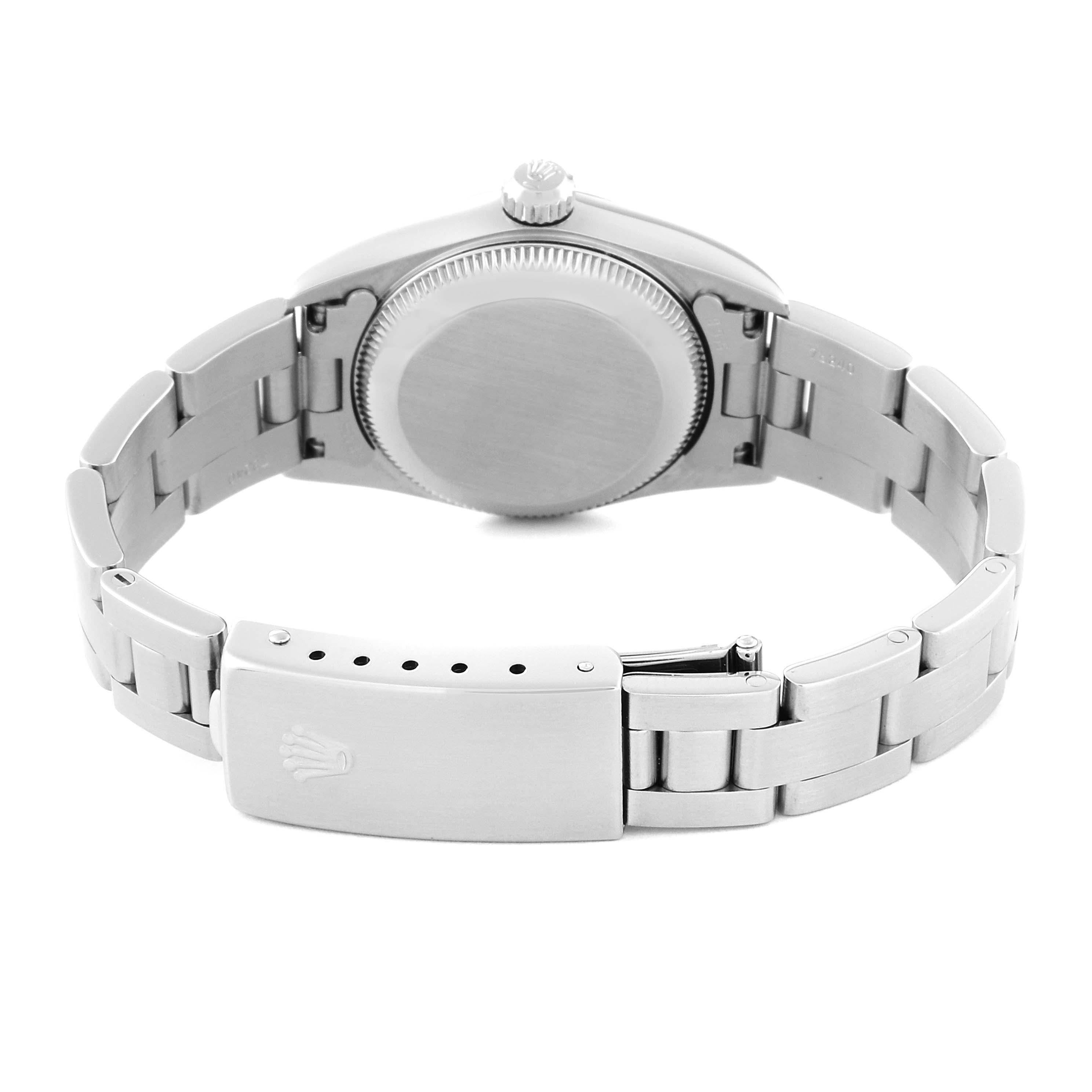 The image shows the back view of the stainless steel Oyster Perpetual model by Rolex, highlighting the bracelet and clasp.