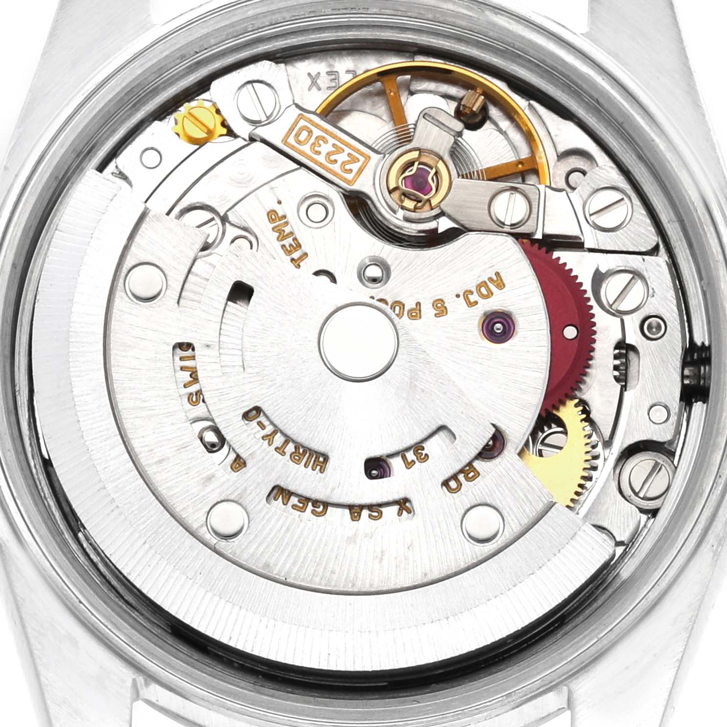 The image shows the internal mechanism and components of the Rolex Oyster Perpetual 76080 Women's Stainless Steel Blue Dial 76080 Women's Stainless Steel Blue Dial watch viewed from the back.