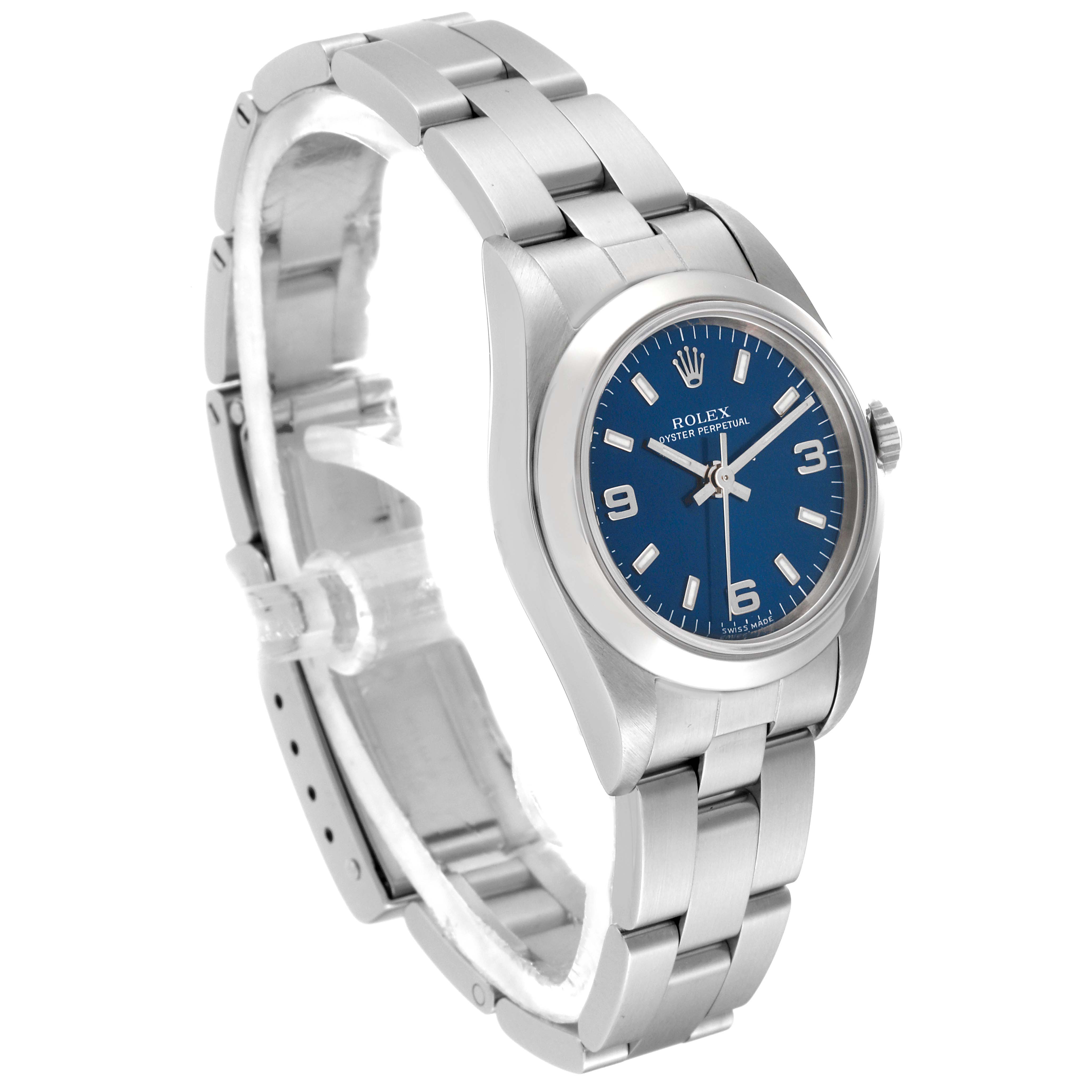 The Rolex Oyster Perpetual 76080 Women's Stainless Steel Blue Dial 76080 Women's Stainless Steel Blue Dial watch is shown at a three-quarter angle, highlighting the blue dial, stainless steel case, and bracelet.