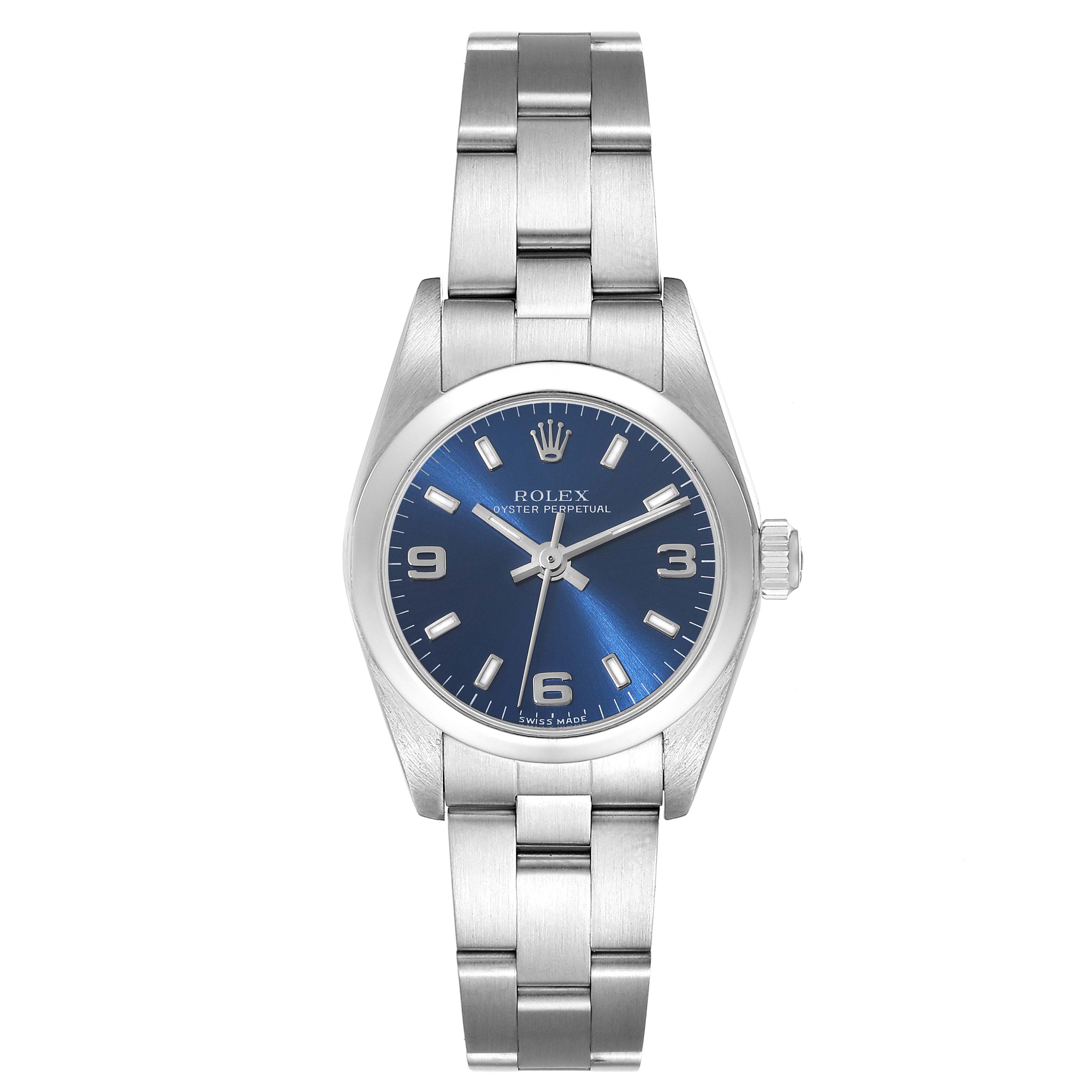 This image shows a front view of a Rolex Oyster Perpetual 76080 Women's Stainless Steel Blue Dial 76080 Women's Stainless Steel Blue Dial watch, highlighting its blue dial, hands, and stainless steel bracelet.