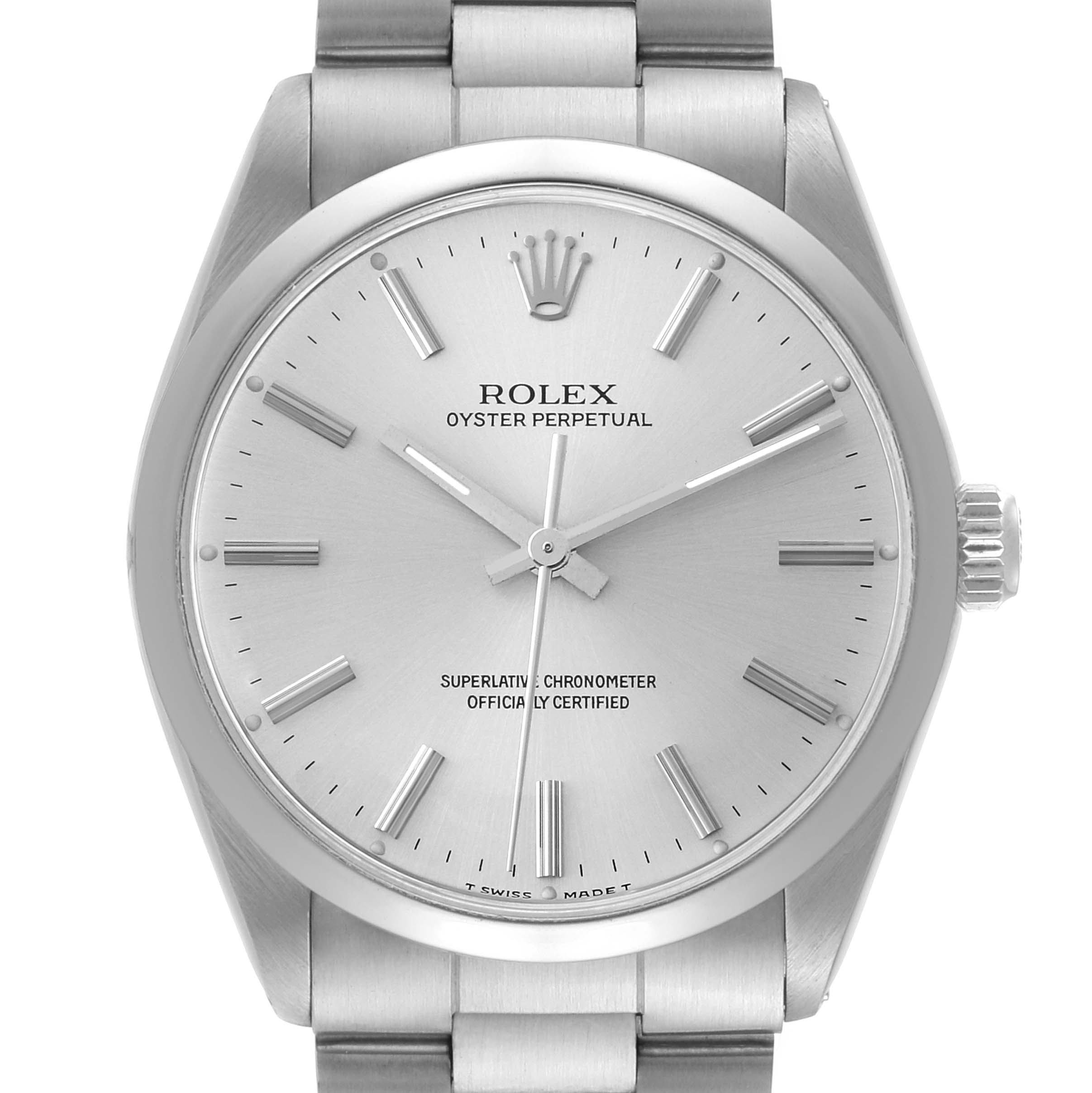 This image shows a front view of a Rolex Vintage Collection 1002 Men's Stainless Steel Silver Dial 1002 Men's Stainless Steel Silver Dial Oyster Perpetual watch, highlighting the face, crown, and part of the bracelet.