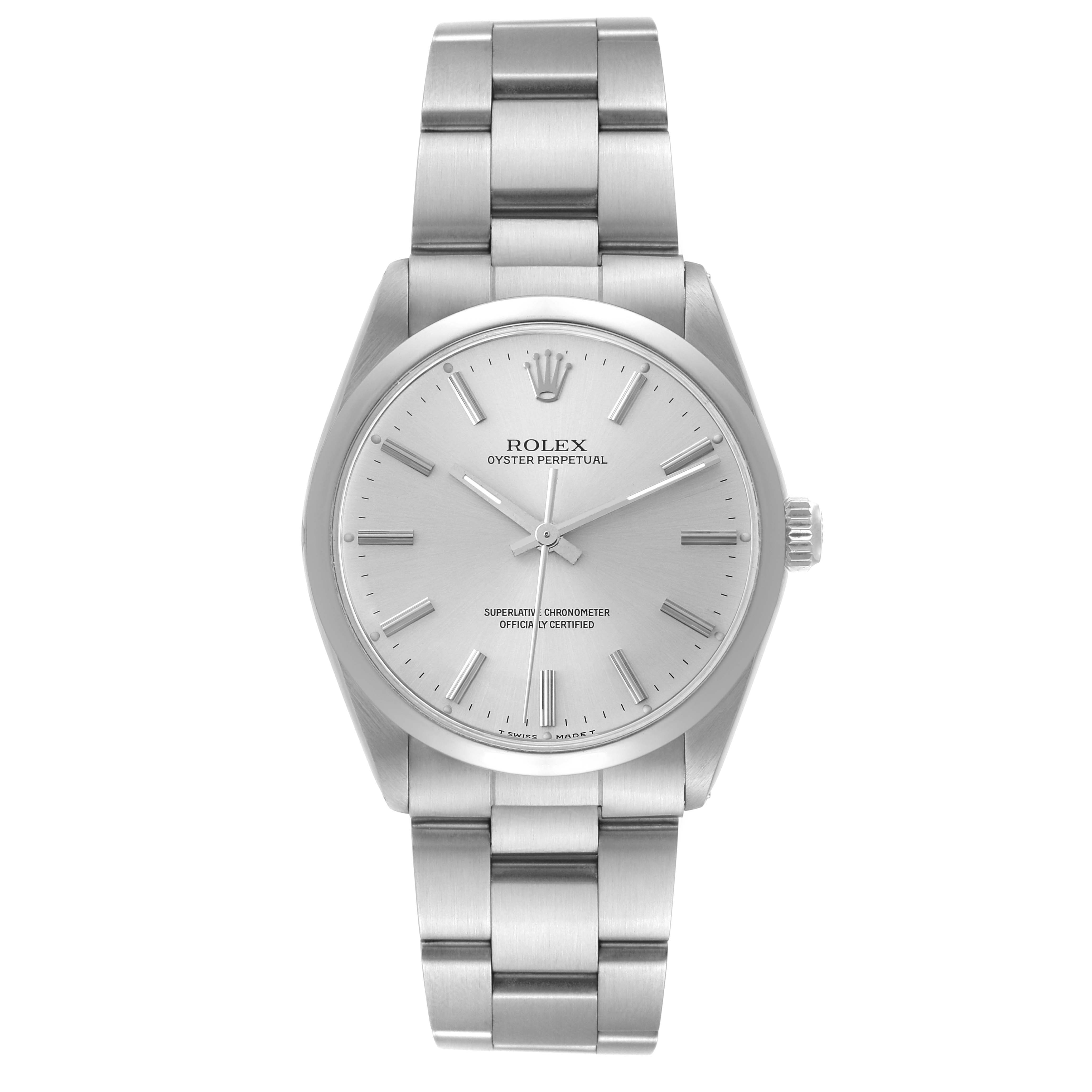 The image shows a front view of a Vintage Collection Rolex Oyster Perpetual watch, displaying its face, bezel, and bracelet.