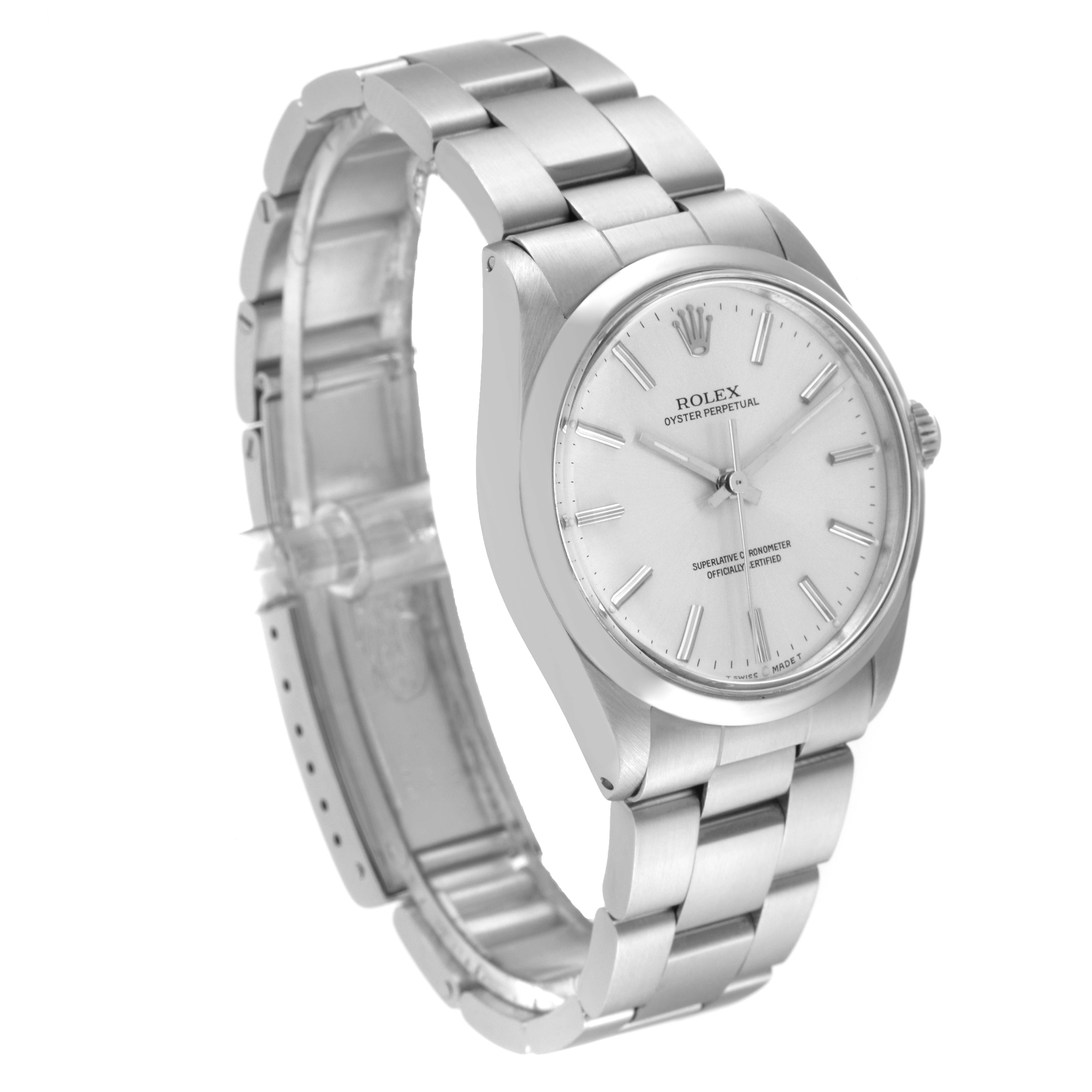 The image shows a front-side angled view of the Rolex Vintage Collection 1002 Men's Stainless Steel Silver Dial 1002 Men's Stainless Steel Silver Dial watch, highlighting its dial face and stainless steel bracelet.