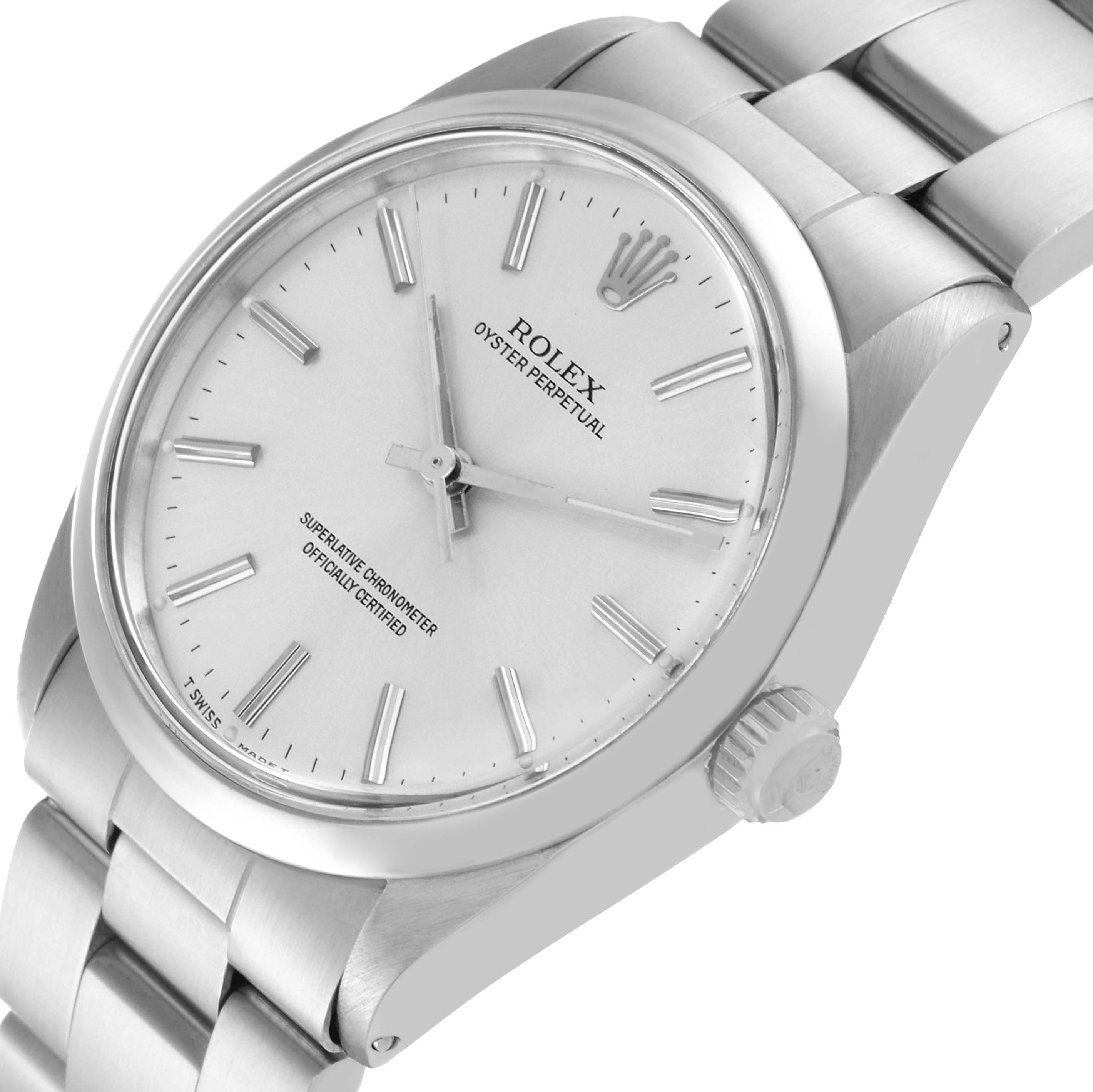 The Vintage Collection Rolex Oyster Perpetual is shown from an angled close-up, highlighting the dial, crown, and bracelet.