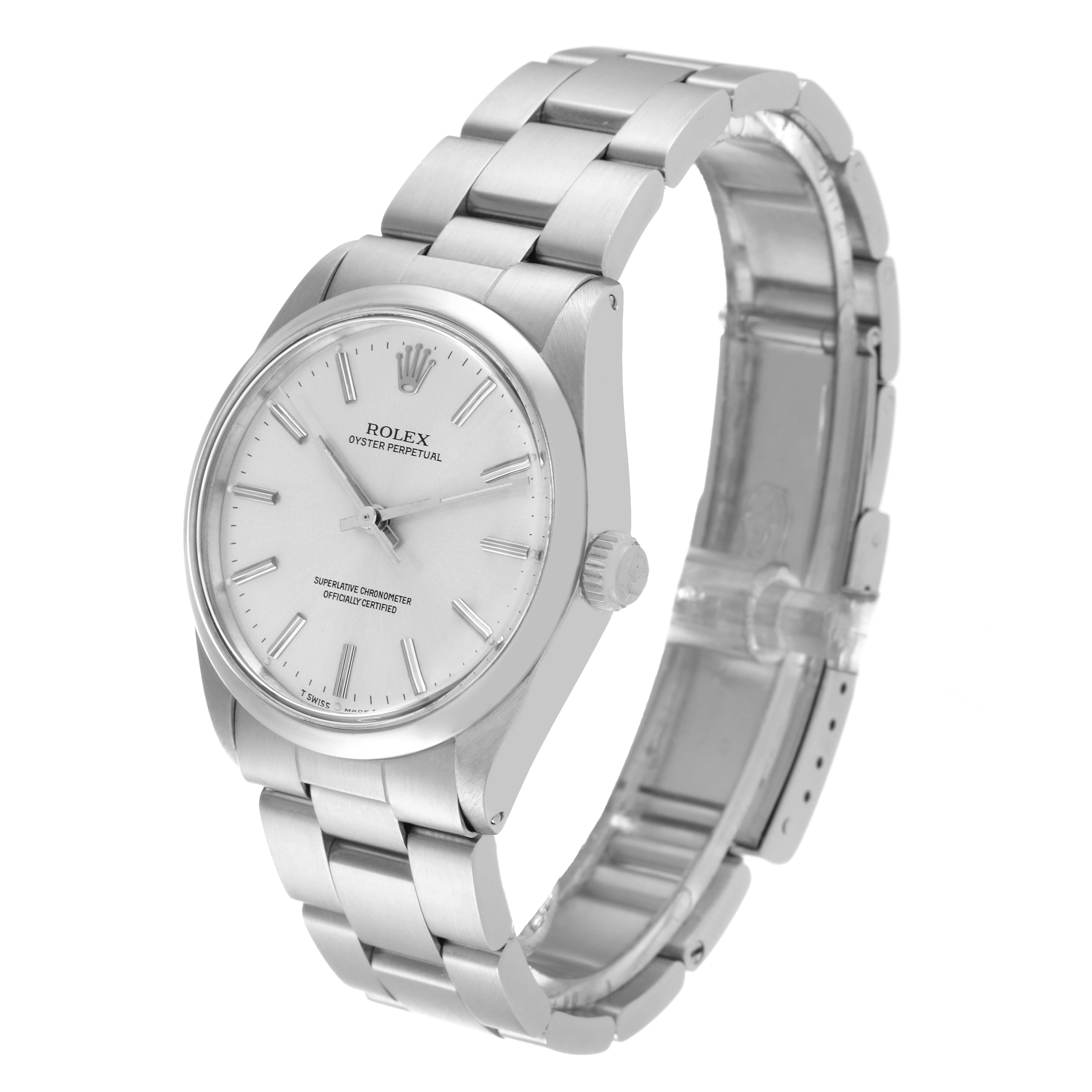 The image shows a side view of the Rolex Vintage Collection 1002 Men's Stainless Steel Silver Dial 1002 Men's Stainless Steel Silver Dial watch, featuring its face, bracelet, and clasp.