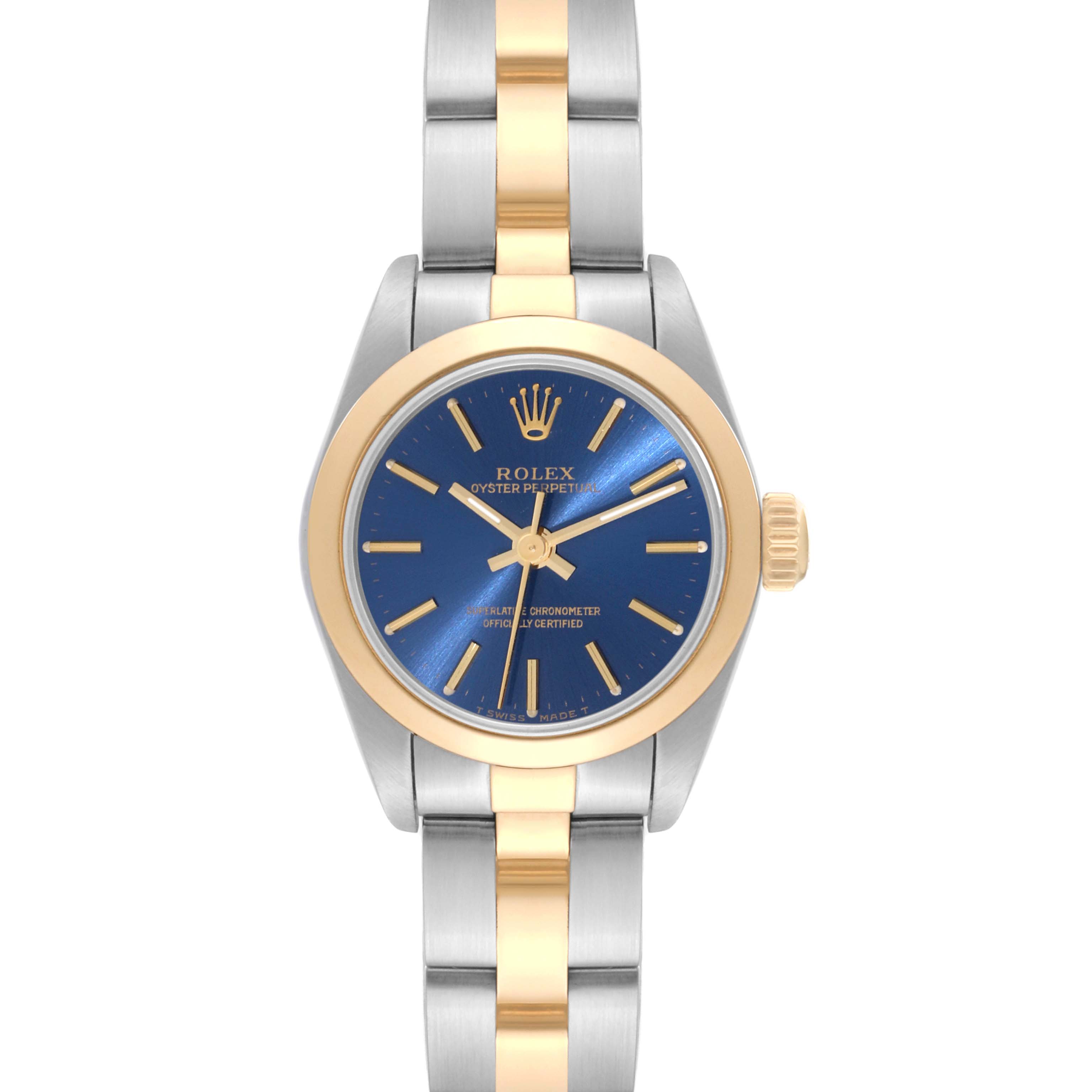 This image shows a front view of a Rolex Oyster Perpetual 67183 Women's Steel and Gold (two tone) Blue Dial 67183 Women's Steel and Gold (two tone) Blue Dial watch, highlighting the blue dial, gold bezel, and two-tone bracelet.