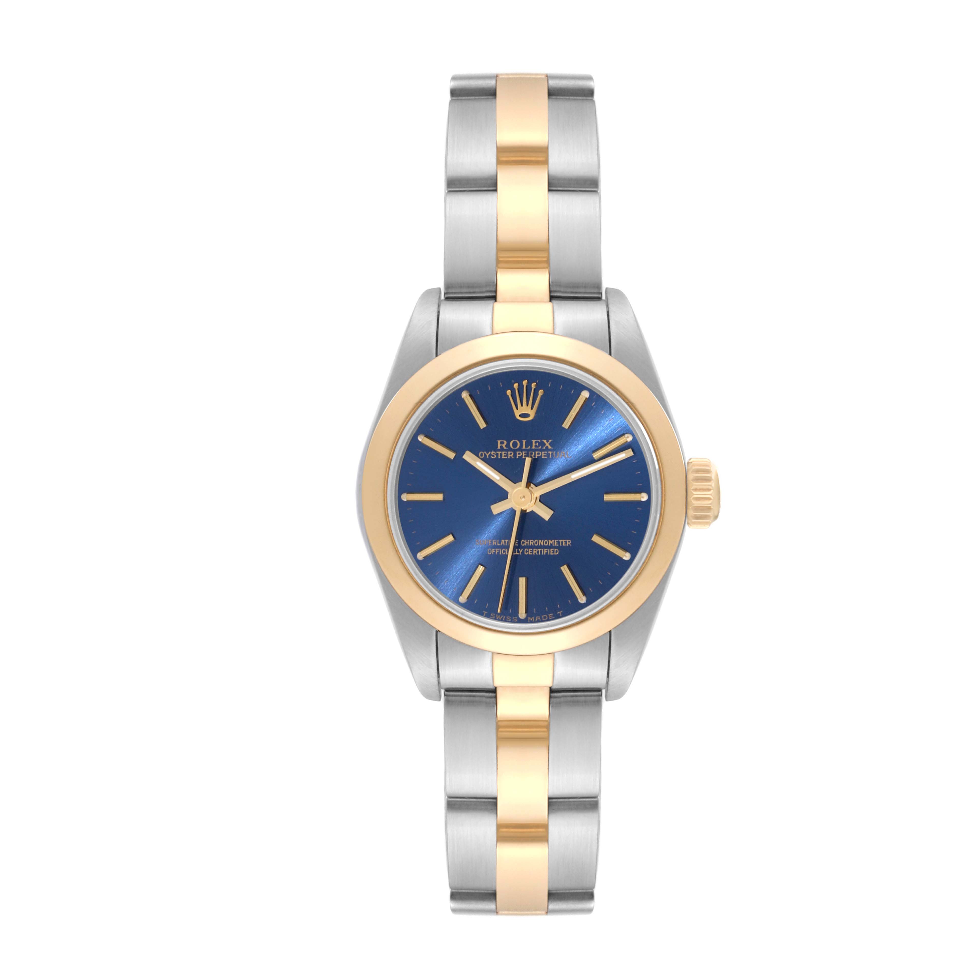 This image shows a front view of the Rolex Oyster Perpetual 67183 Women's Steel and Gold (two tone) Blue Dial 67183 Women's Steel and Gold (two tone) Blue Dial watch, highlighting its blue dial and two-tone metal band.