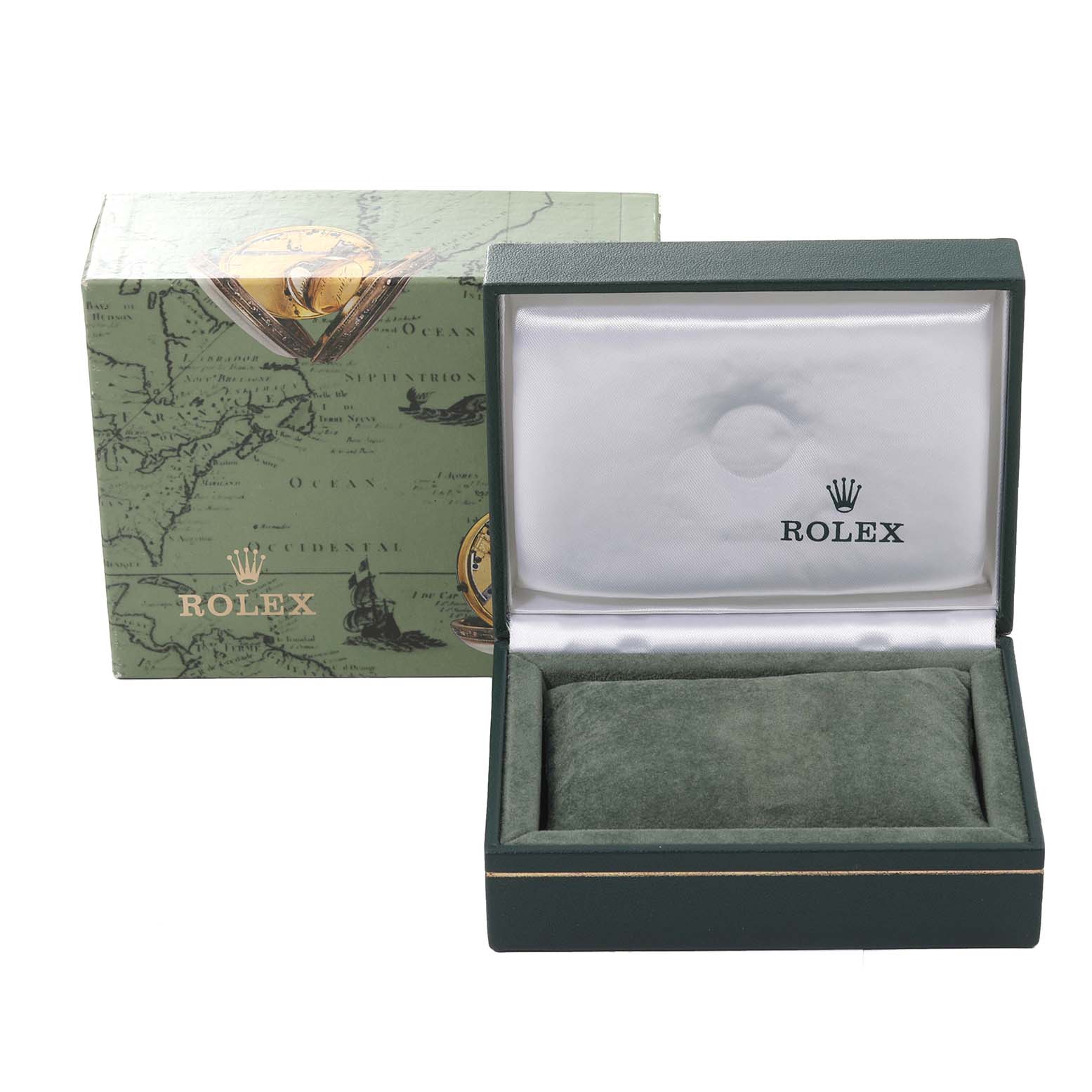 The image shows a Rolex watch box and outer packaging for the Oyster Perpetual model, with the box open and empty.