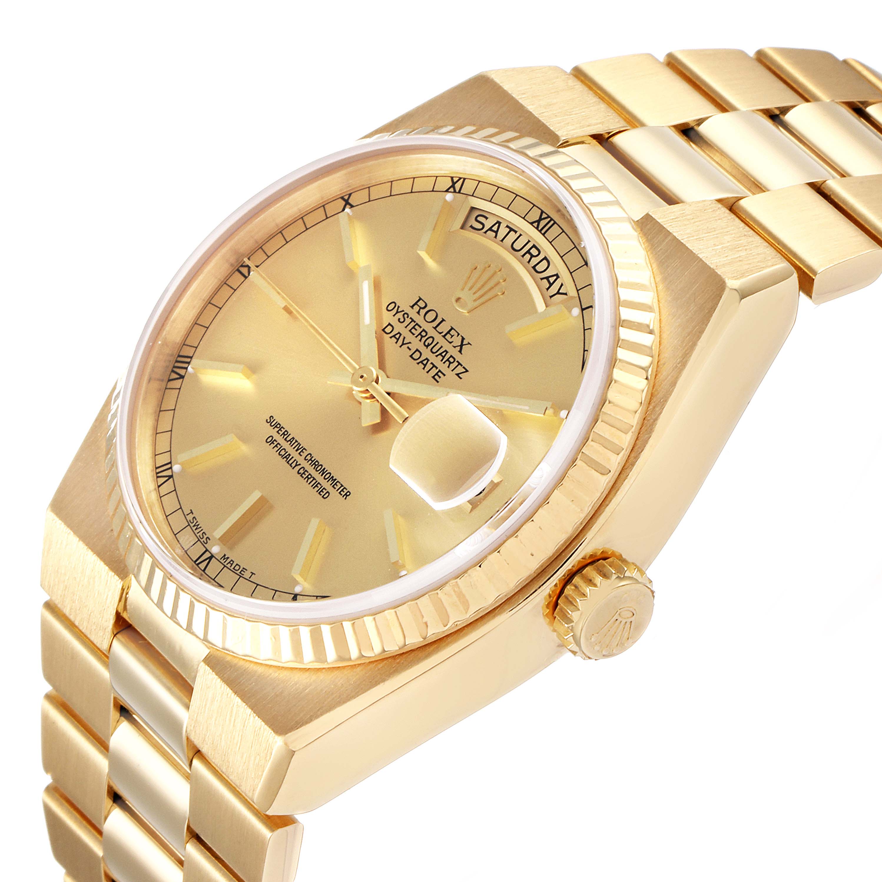 The image shows an angled view of a Rolex President 19018 Men's Yellow Gold Champagne Dial 19018 Men's Yellow Gold Champagne Dial Oysterquartz Day-Date watch, highlighting its gold face, bracelet, and crown.