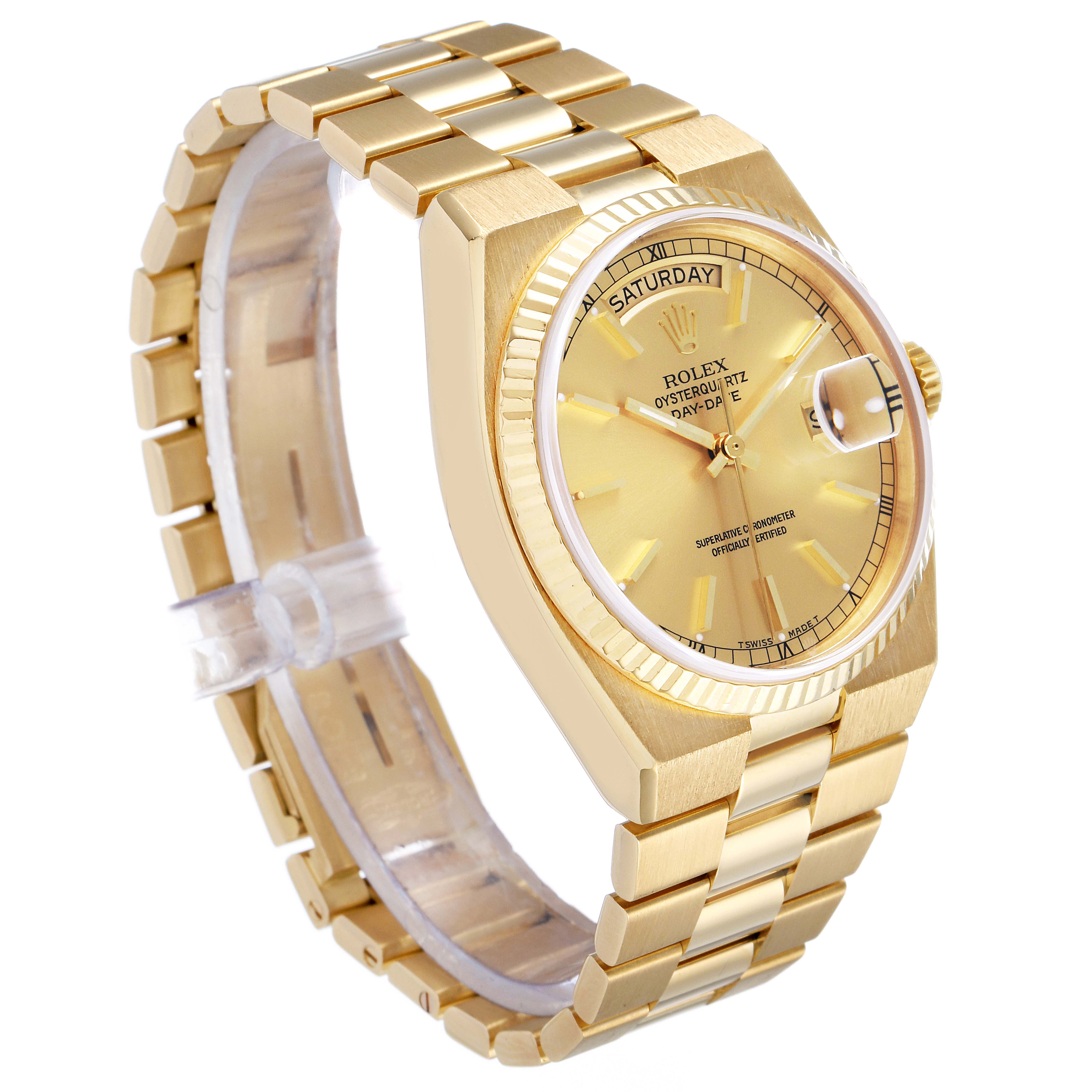 The image shows a Rolex President 19018 Men's Yellow Gold Champagne Dial 19018 Men's Yellow Gold Champagne Dial model watch at a 3/4 angle, highlighting the gold bracelet, case, dial, and day-date display.