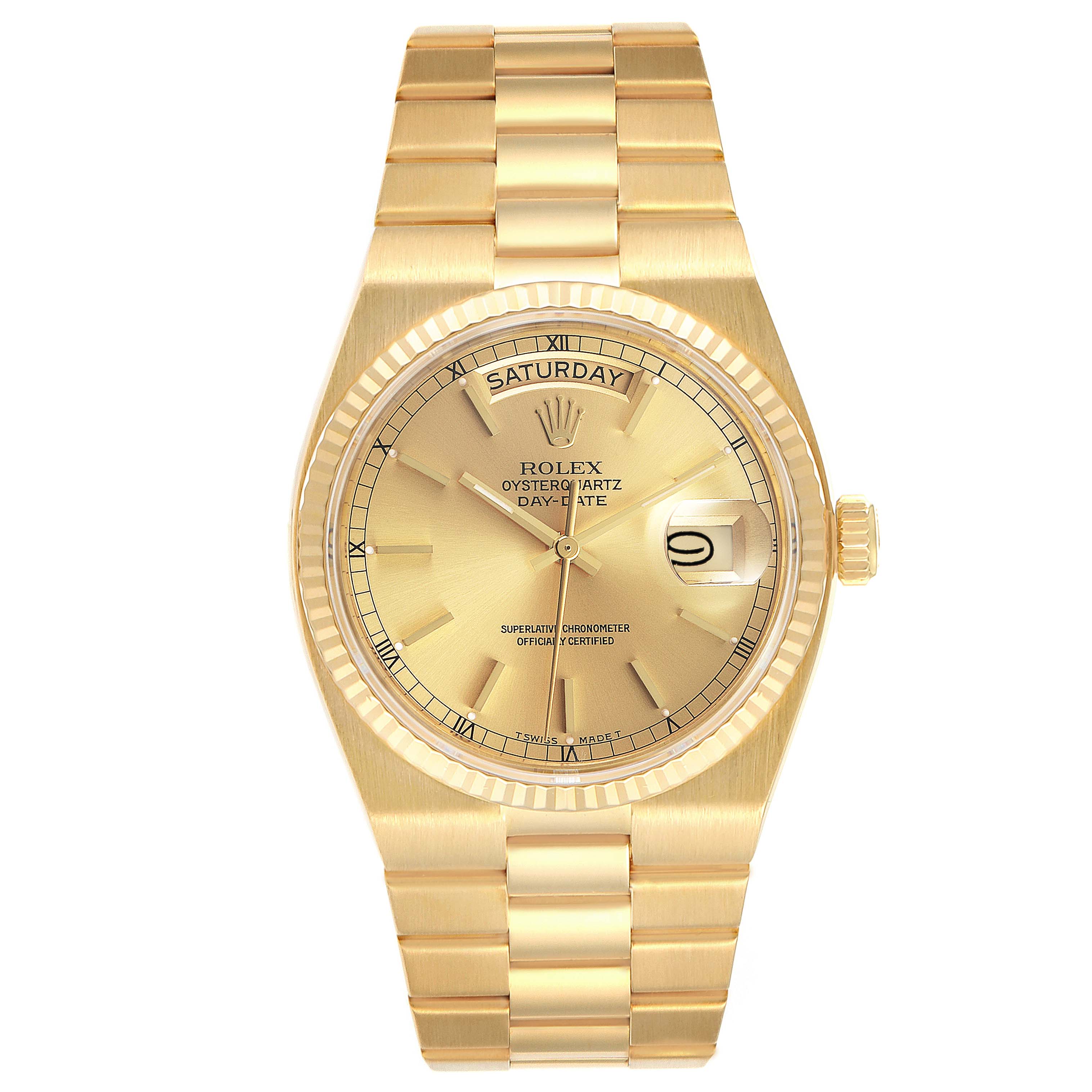 The Rolex President 19018 Men's Yellow Gold Champagne Dial 19018 Men's Yellow Gold Champagne Dial model watch is shown from a top view, displaying the dial, bezel, crown, and bracelet.