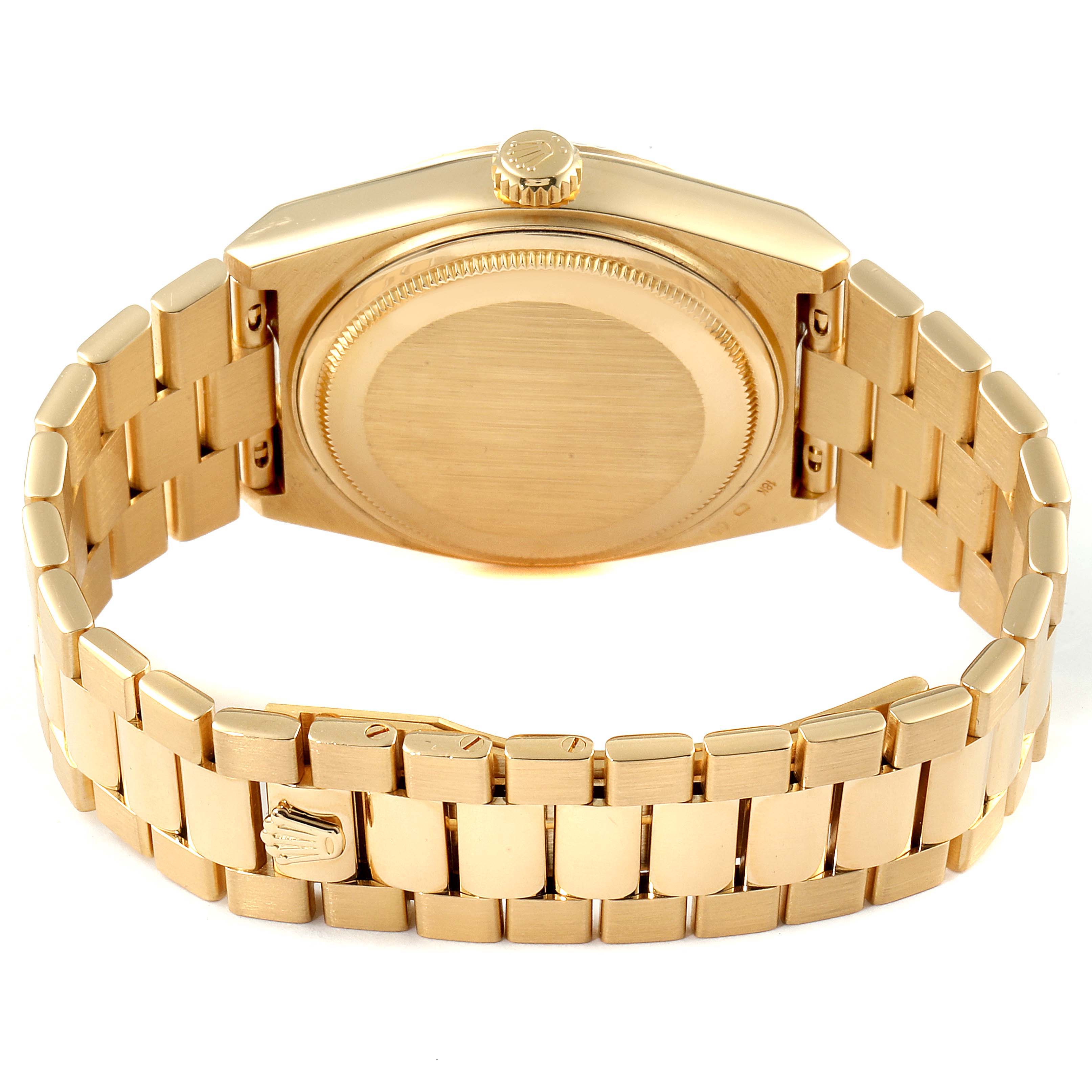 The image shows the back view of a Rolex President 19018 Men's Yellow Gold Champagne Dial 19018 Men's Yellow Gold Champagne Dial model watch, including its case back and gold bracelet.