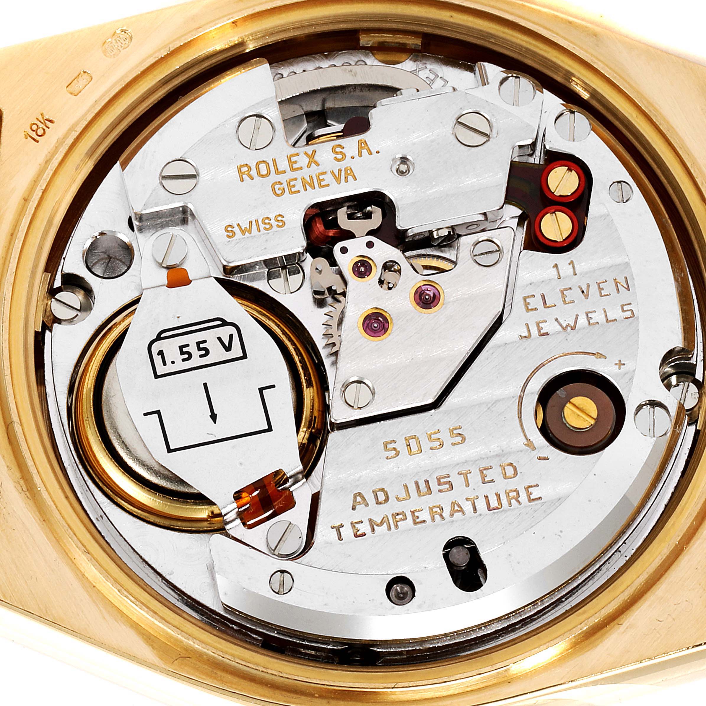 This is a close-up view of the movement and inner mechanisms of a Rolex President 19018 Men's Yellow Gold Champagne Dial 19018 Men's Yellow Gold Champagne Dial model watch.