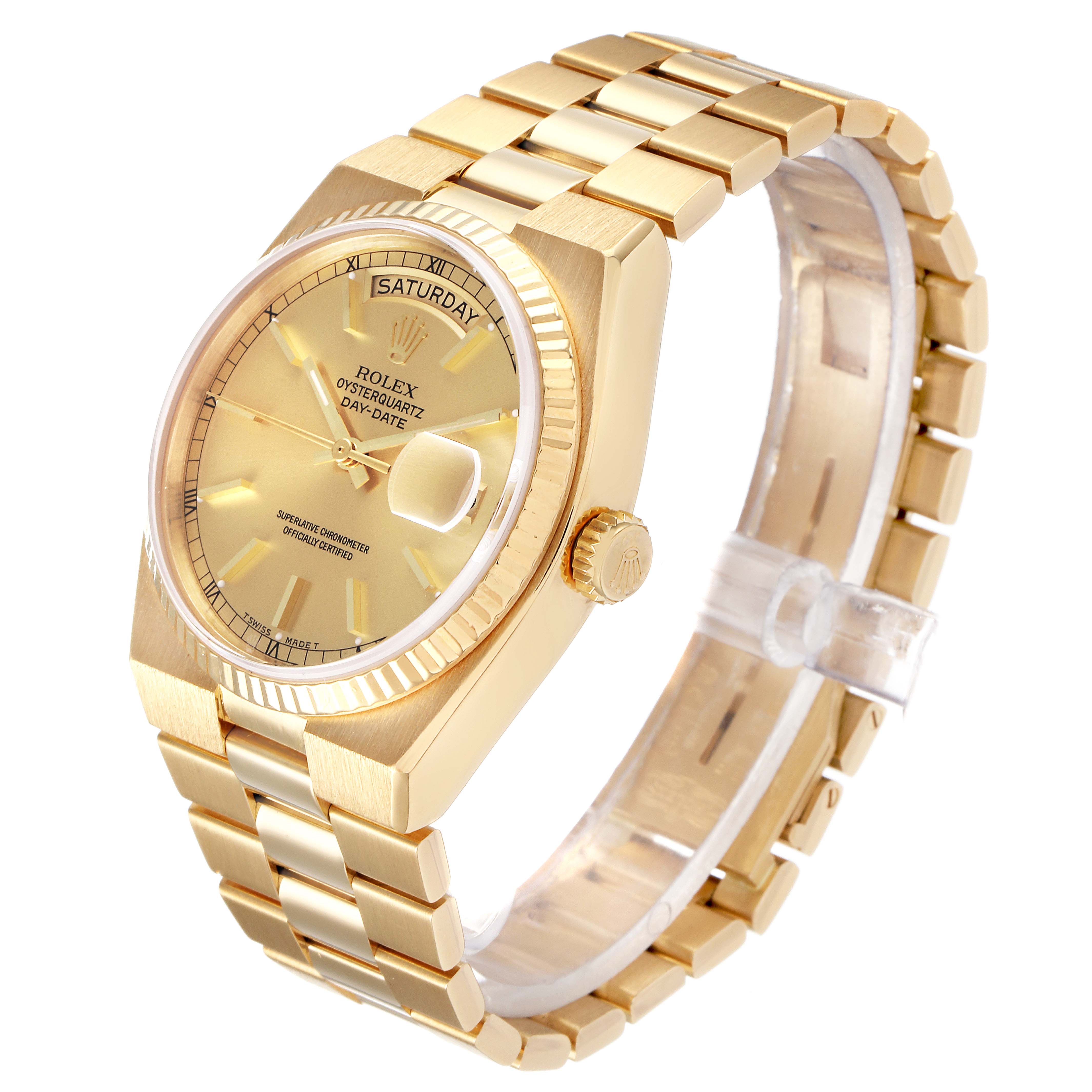 This image shows a side angle view of the Rolex President 19018 Men's Yellow Gold Champagne Dial 19018 Men's Yellow Gold Champagne Dial model watch, displaying its gold bracelet, bezel, dial, and crown.