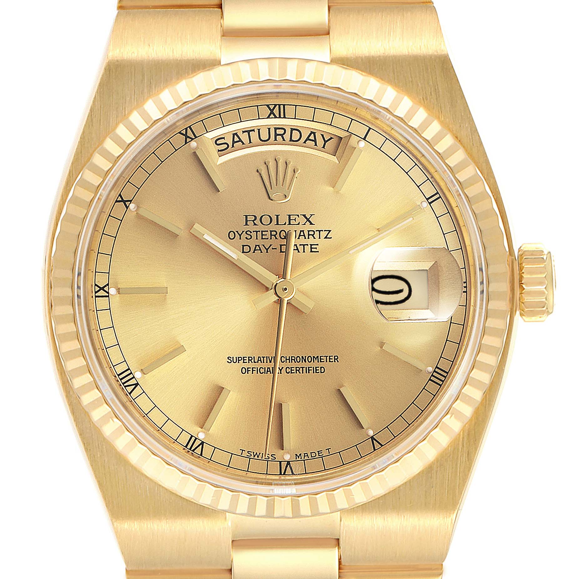 This image shows a close-up front view of the dial and bezel of a Rolex Oysterquartz Day-Date President watch.