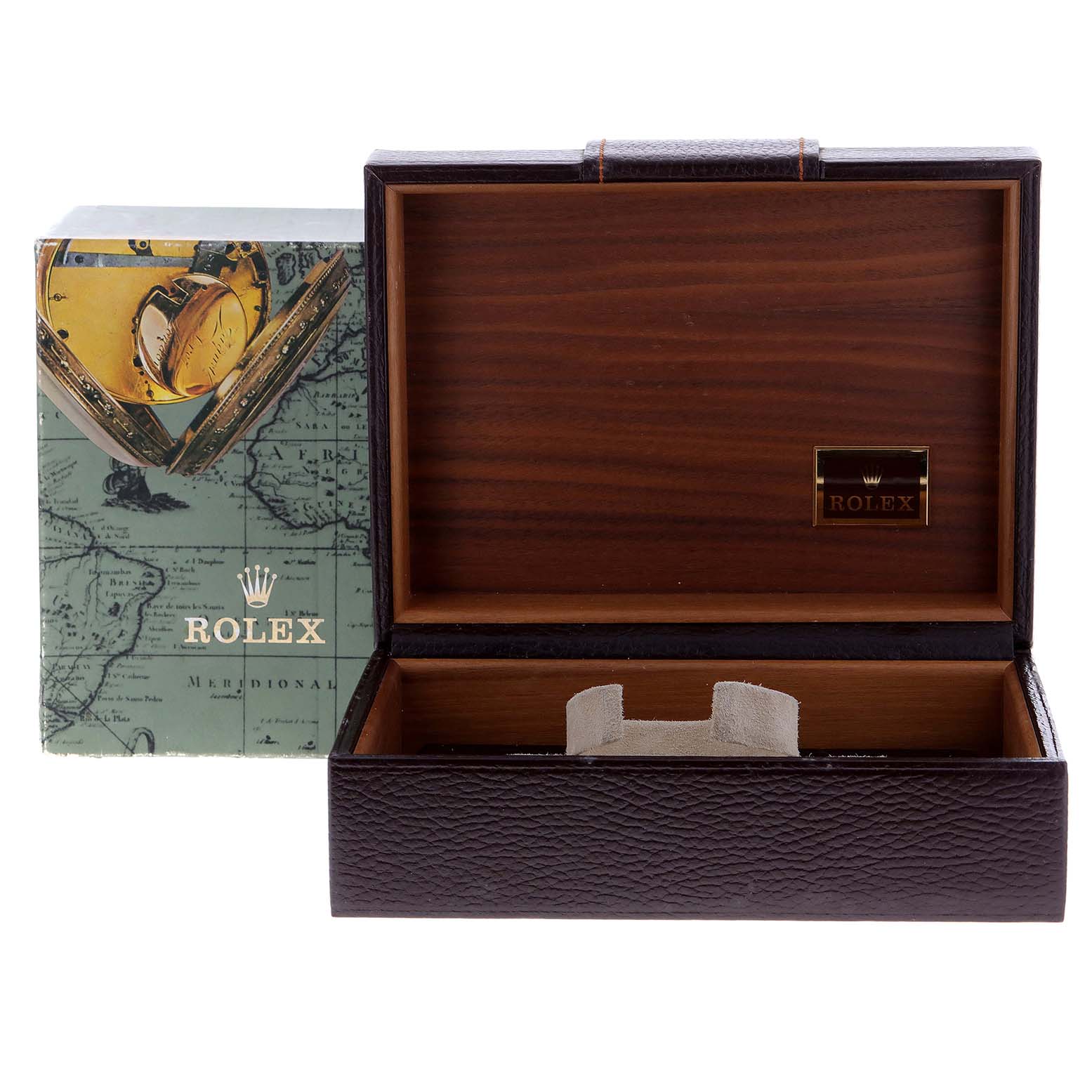 The image shows an open Rolex President 19018 Men's Yellow Gold Champagne Dial 19018 Men's Yellow Gold Champagne Dial watch box, revealing the interior lined with wood and the Rolex logo visible inside.