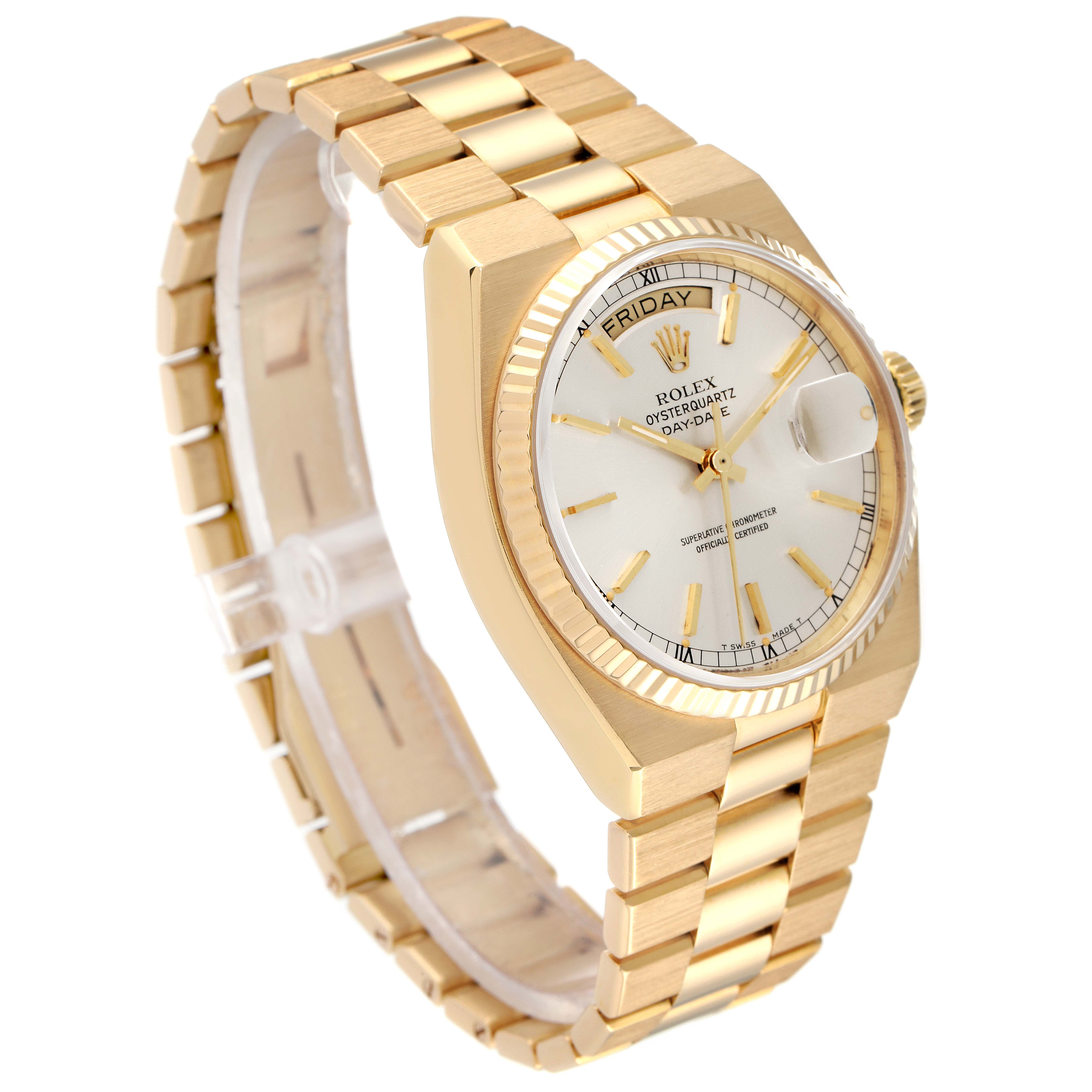 The image shows a Rolex Oysterquartz 19018 Men's Yellow Gold Silver Dial 19018 Men's Yellow Gold Silver Dial watch angled from the front left, displaying its dial, bracelet, and crown.