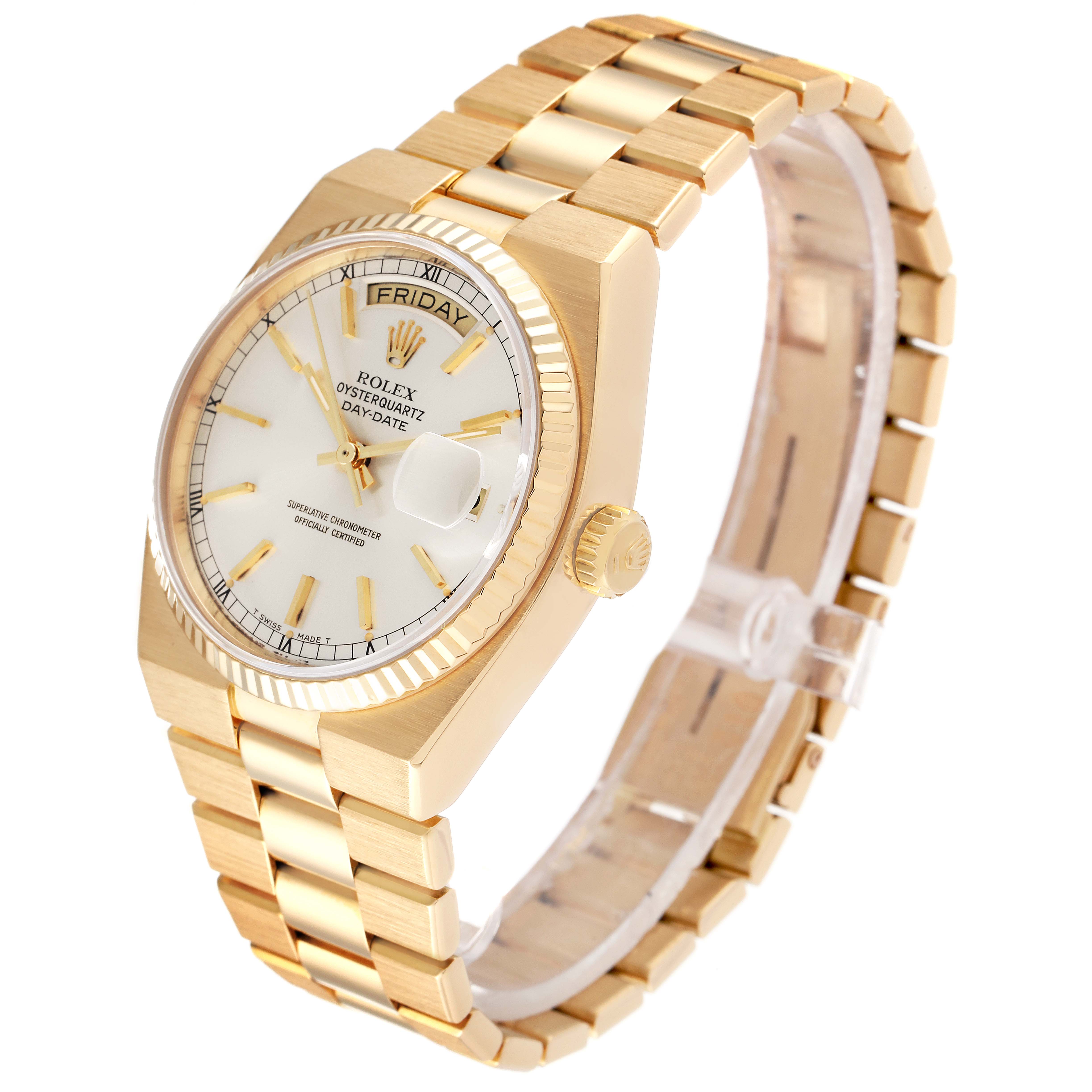 The image shows a side angle view of the Rolex Oysterquartz 19018 Men's Yellow Gold Silver Dial 19018 Men's Yellow Gold Silver Dial watch, displaying its gold bracelet, fluted bezel, and white dial.