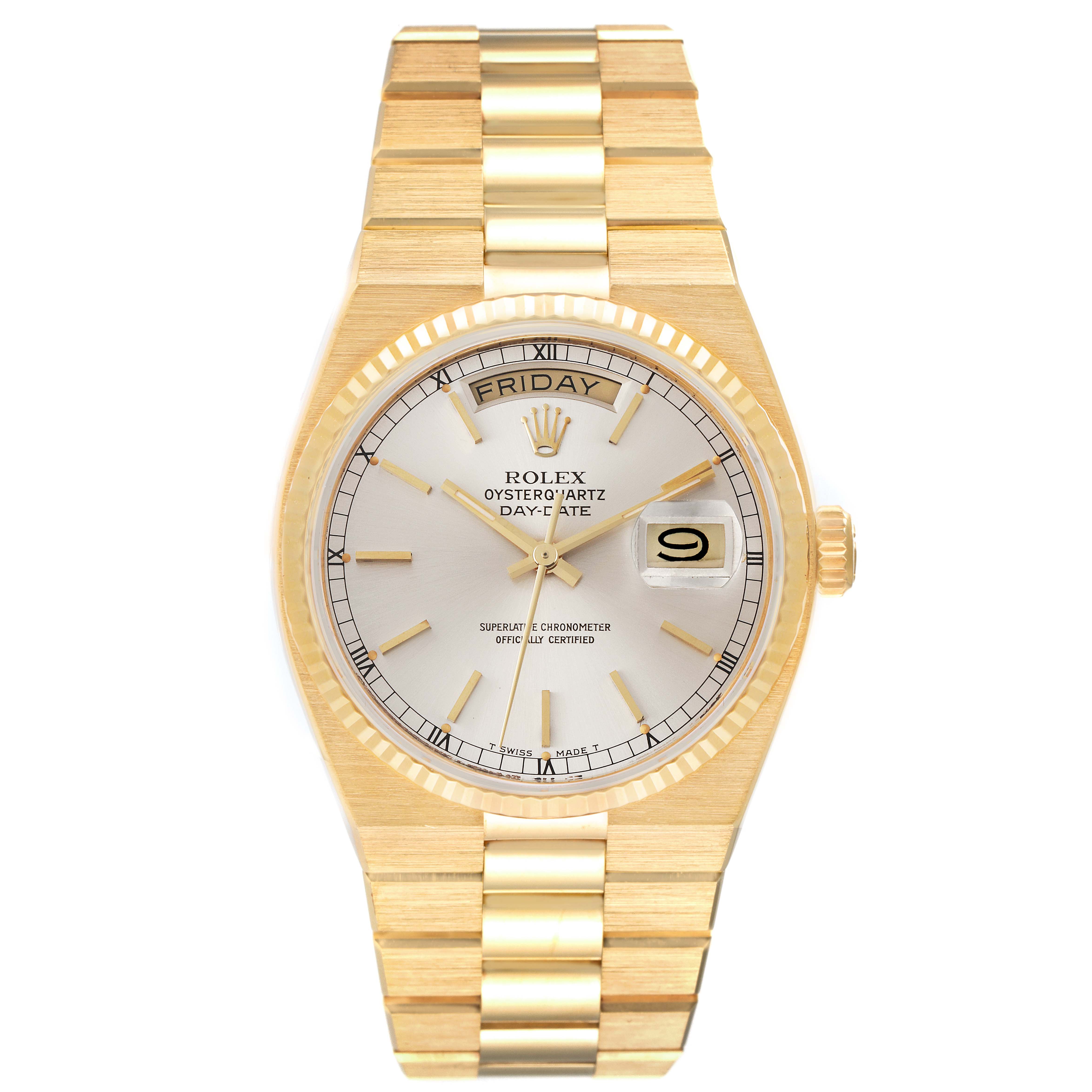 The image shows a Rolex Oysterquartz 19018 Men's Yellow Gold Silver Dial 19018 Men's Yellow Gold Silver Dial model, displaying the face, bezel, and bracelet from a front angle.