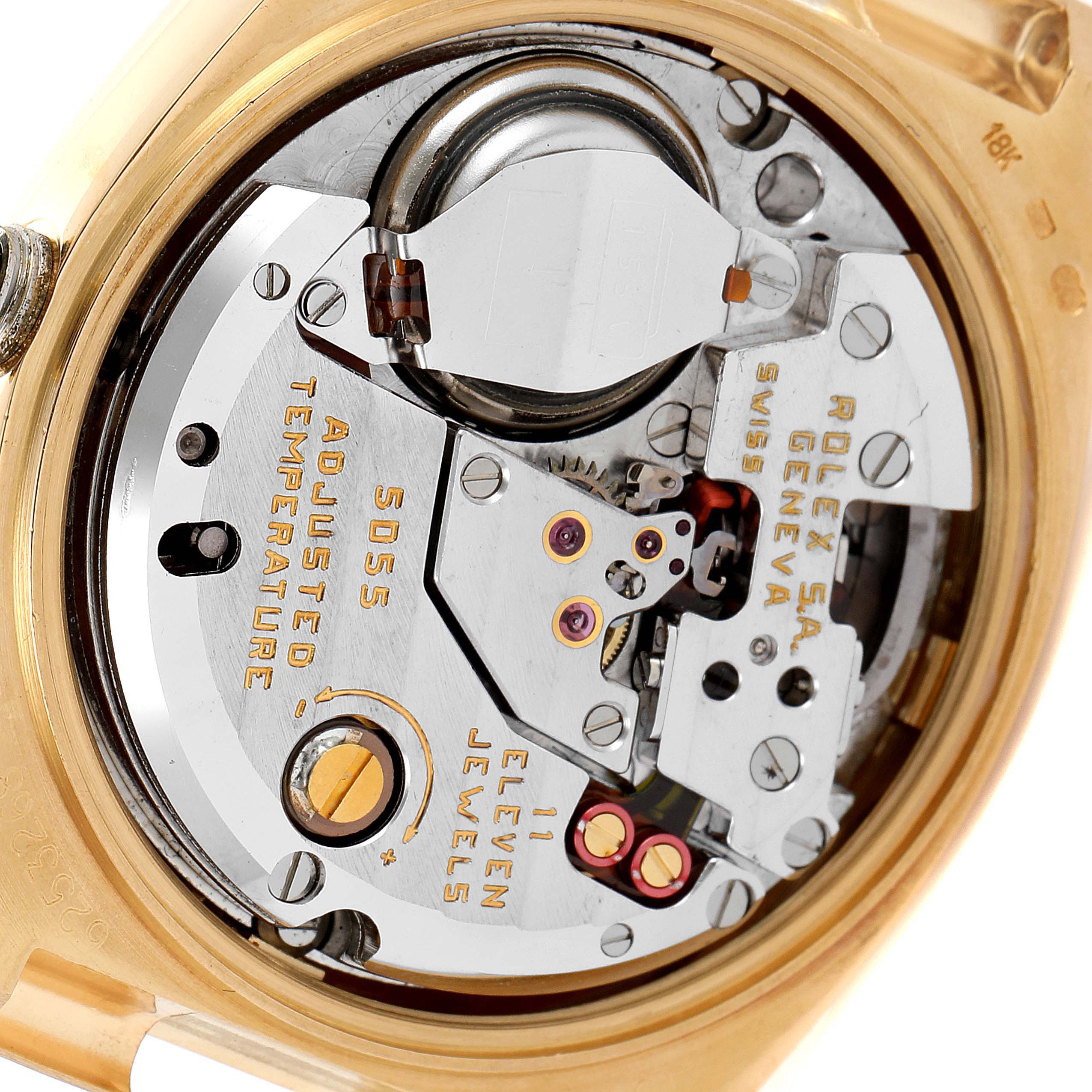 This image shows the interior mechanism and movement components of the Rolex Oysterquartz 19018 Men's Yellow Gold Silver Dial 19018 Men's Yellow Gold Silver Dial watch viewed from the back.