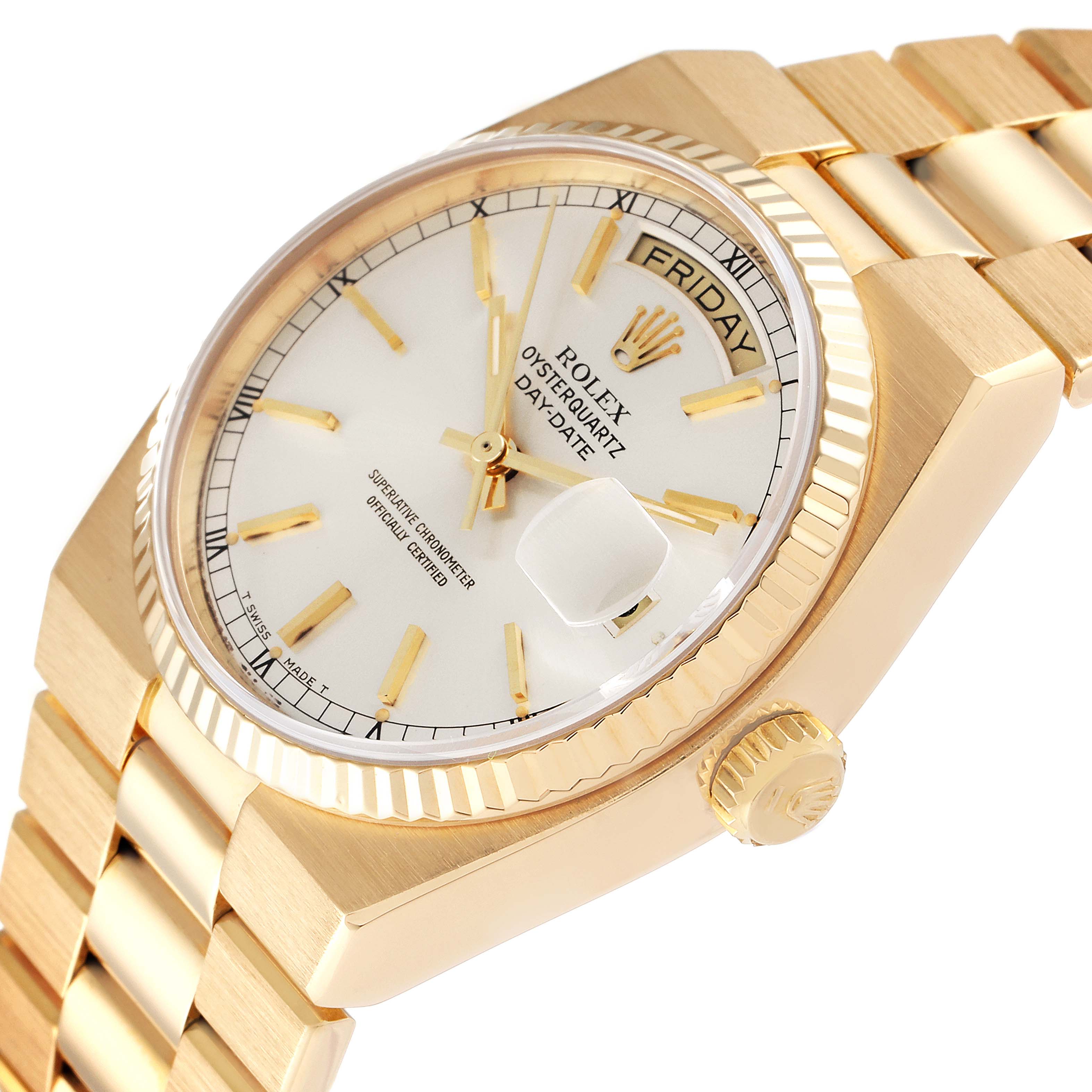 The image shows a close-up, side angle of the Rolex Oysterquartz 19018 Men's Yellow Gold Silver Dial 19018 Men's Yellow Gold Silver Dial model, highlighting the dial, fluted bezel, and bracelet.
