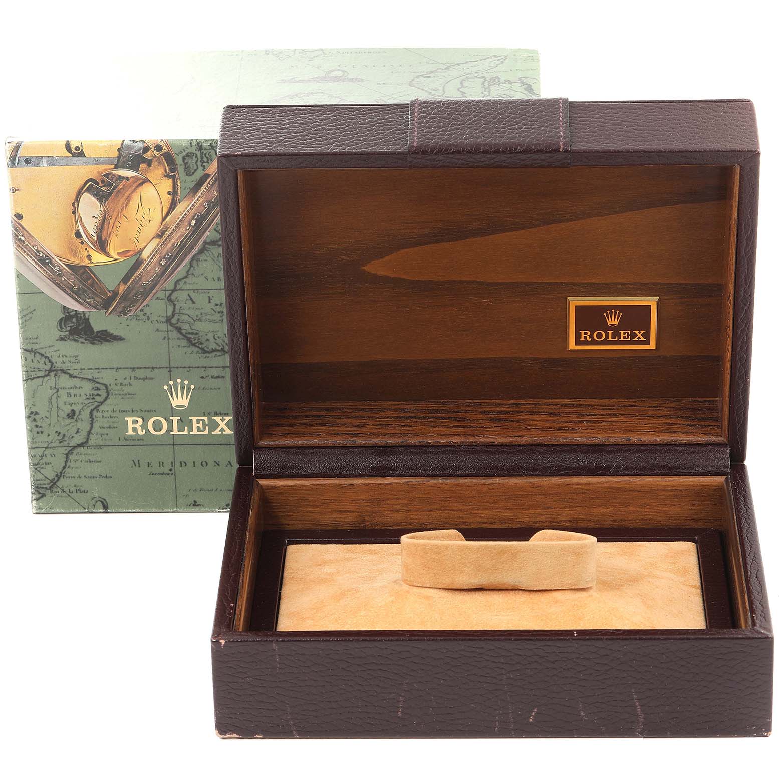 The image shows an opened brown Rolex Oysterquartz 19018 Men's Yellow Gold Silver Dial 19018 Men's Yellow Gold Silver Dial watch box with the exterior Rolex-branded box in the background.