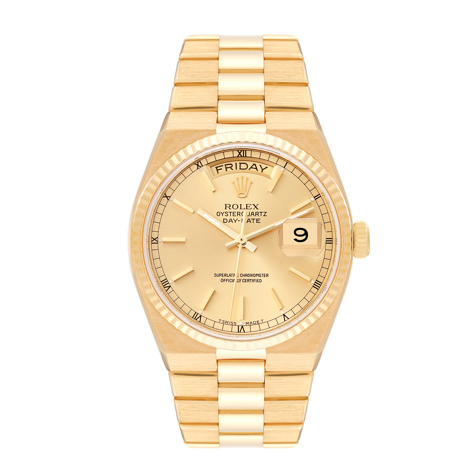 The Rolex President 19018 Men
s Yellow Gold Champagne Dial 19018 Men
s Yellow Gold Champagne Dial model watch is shown from a front angle, displaying the dial, day-date window, and bracelet.