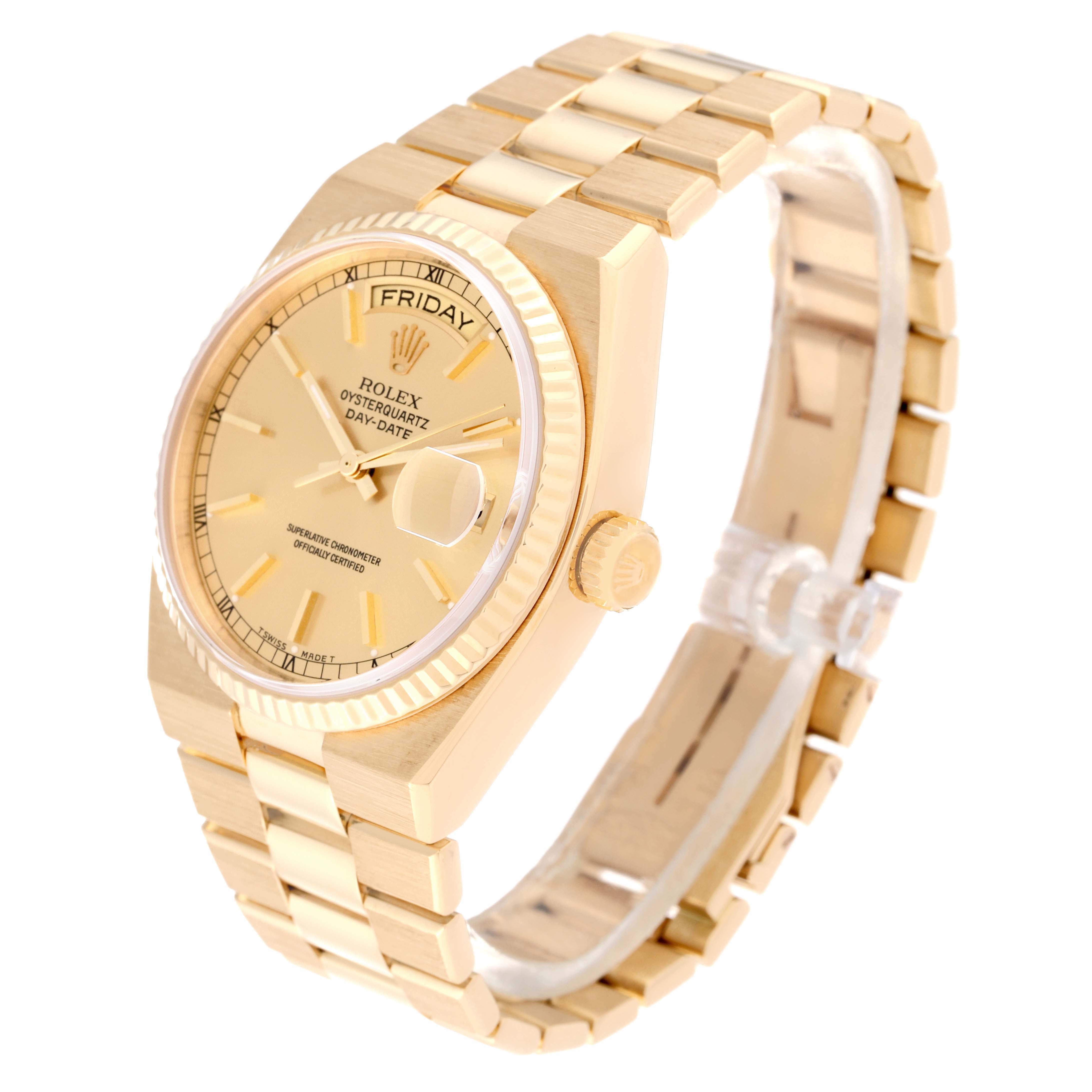 The image shows a Rolex President 19018 Men
s Yellow Gold Champagne Dial 19018 Men
s Yellow Gold Champagne Dial model watch from an angled view, highlighting the dial, crown, and bracelet.