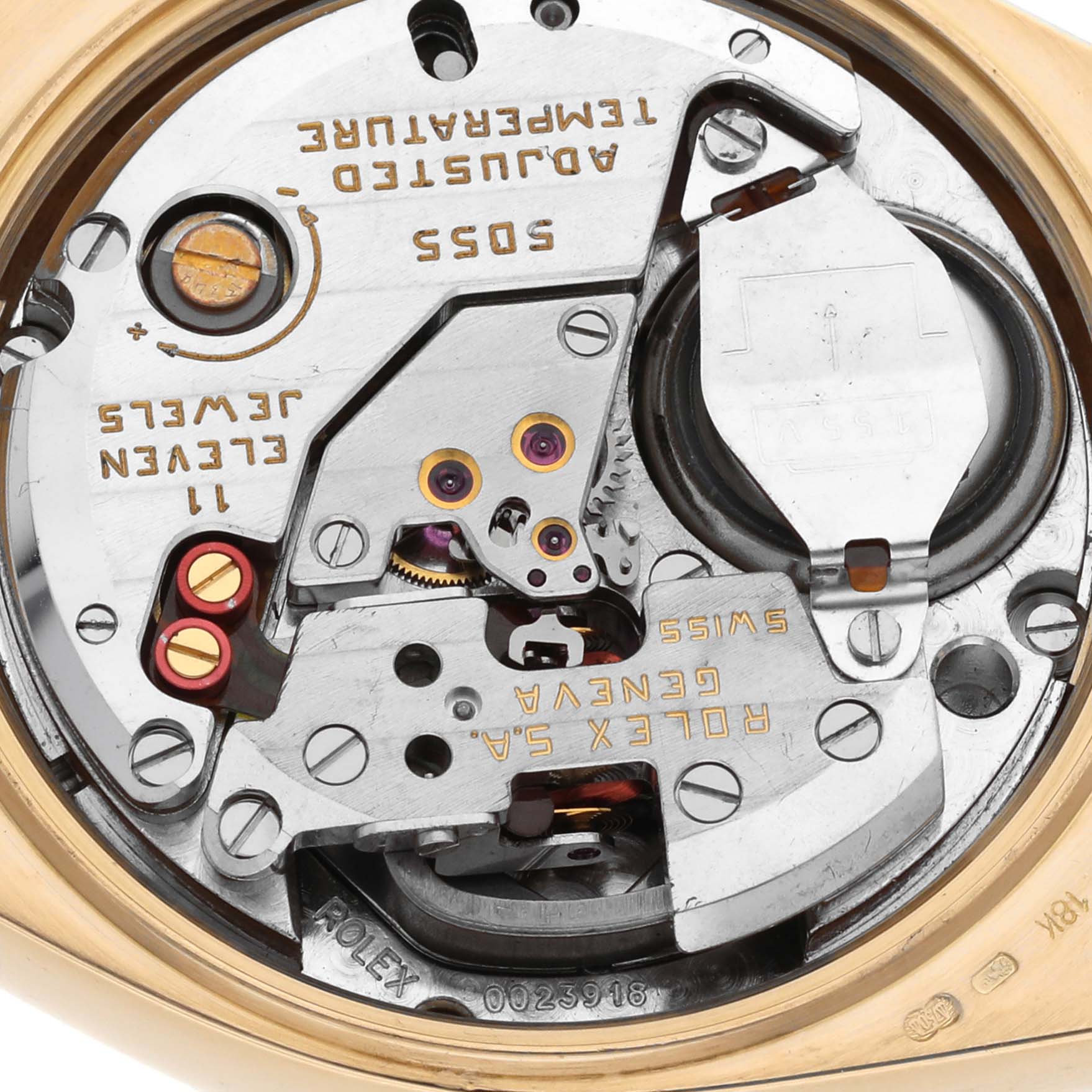 This is an image of the movement mechanism inside a Rolex President 19018 Men
s Yellow Gold Champagne Dial 19018 Men
s Yellow Gold Champagne Dial model watch, viewed from the back.