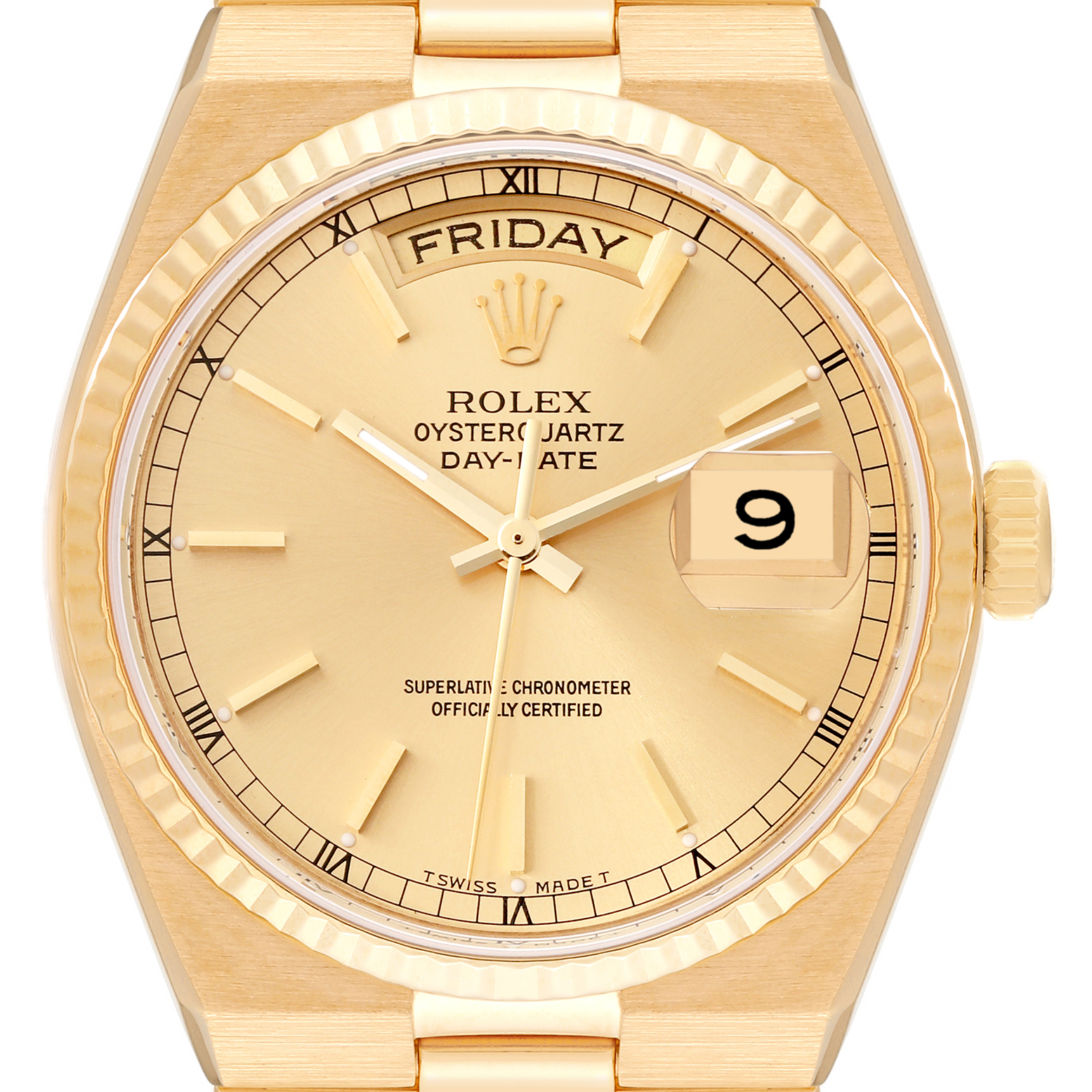 The image shows a front view of the Rolex President 19018 Men
s Yellow Gold Champagne Dial 19018 Men
s Yellow Gold Champagne Dial Oysterquartz Day-Date watch, highlighting the dial, day window, date window, and fluted bezel.