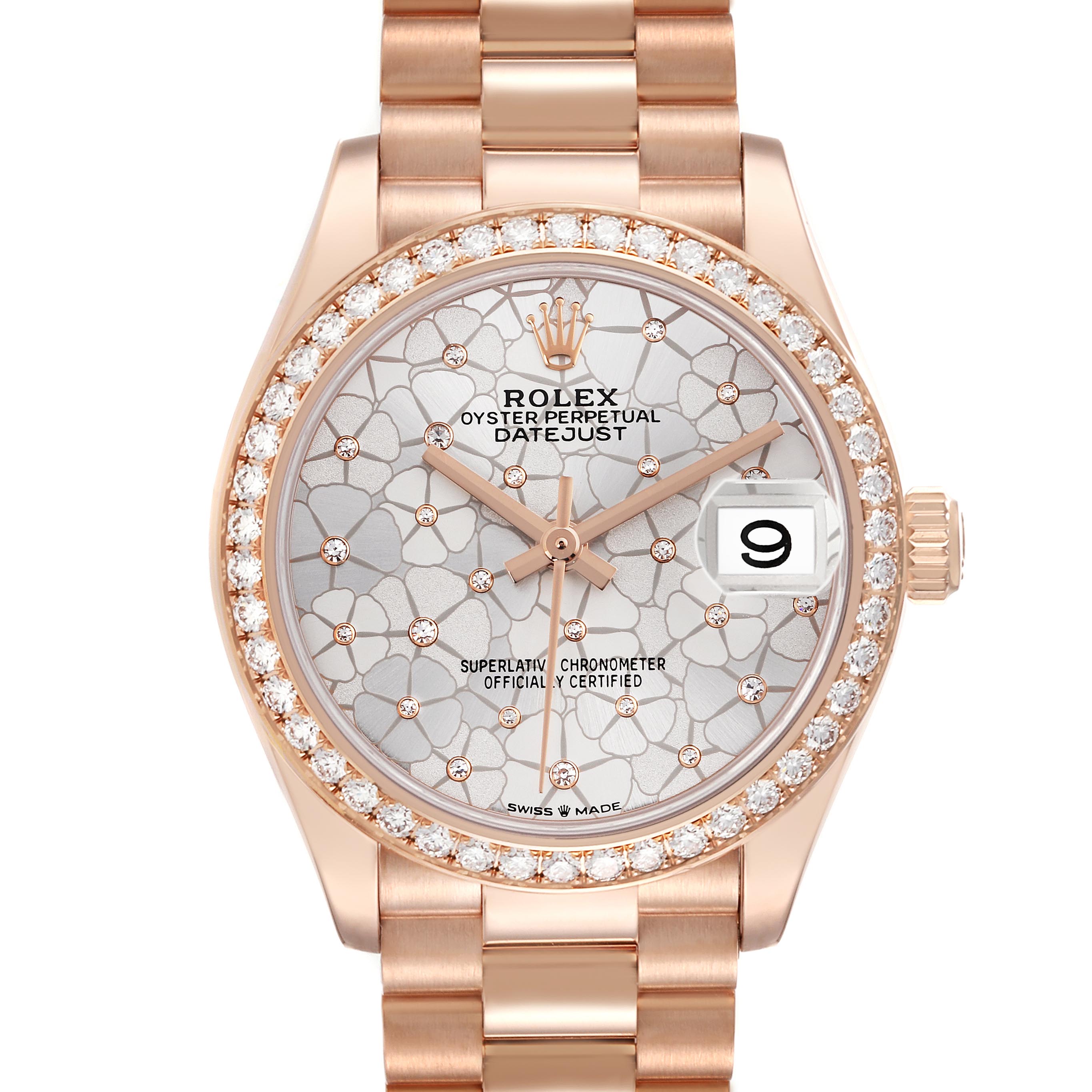 The Rolex Datejust watch is shown from the front, displaying the dial, bezel, and bracelet.