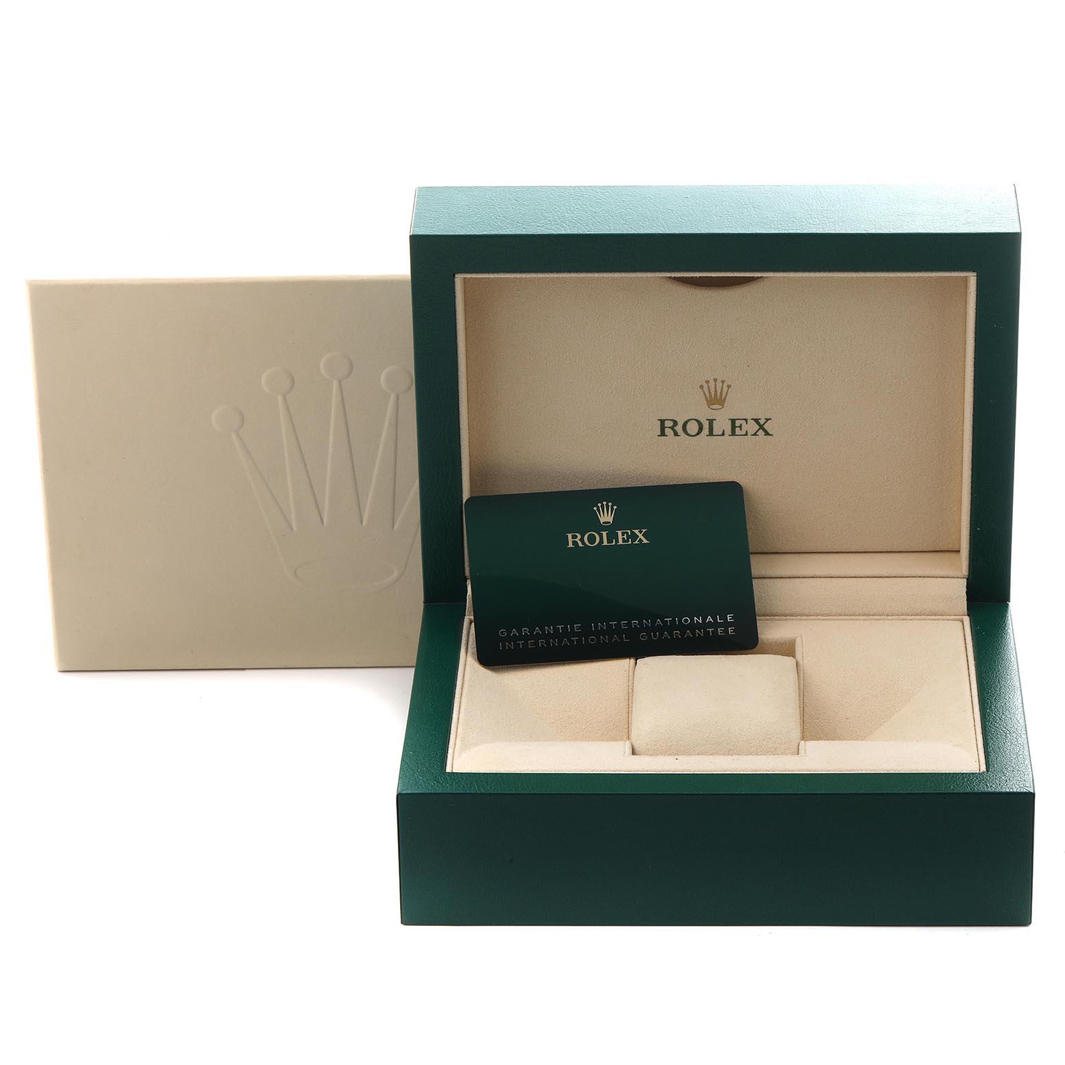The image shows a Rolex Datejust box open with a warranty card inside, viewed from the front.