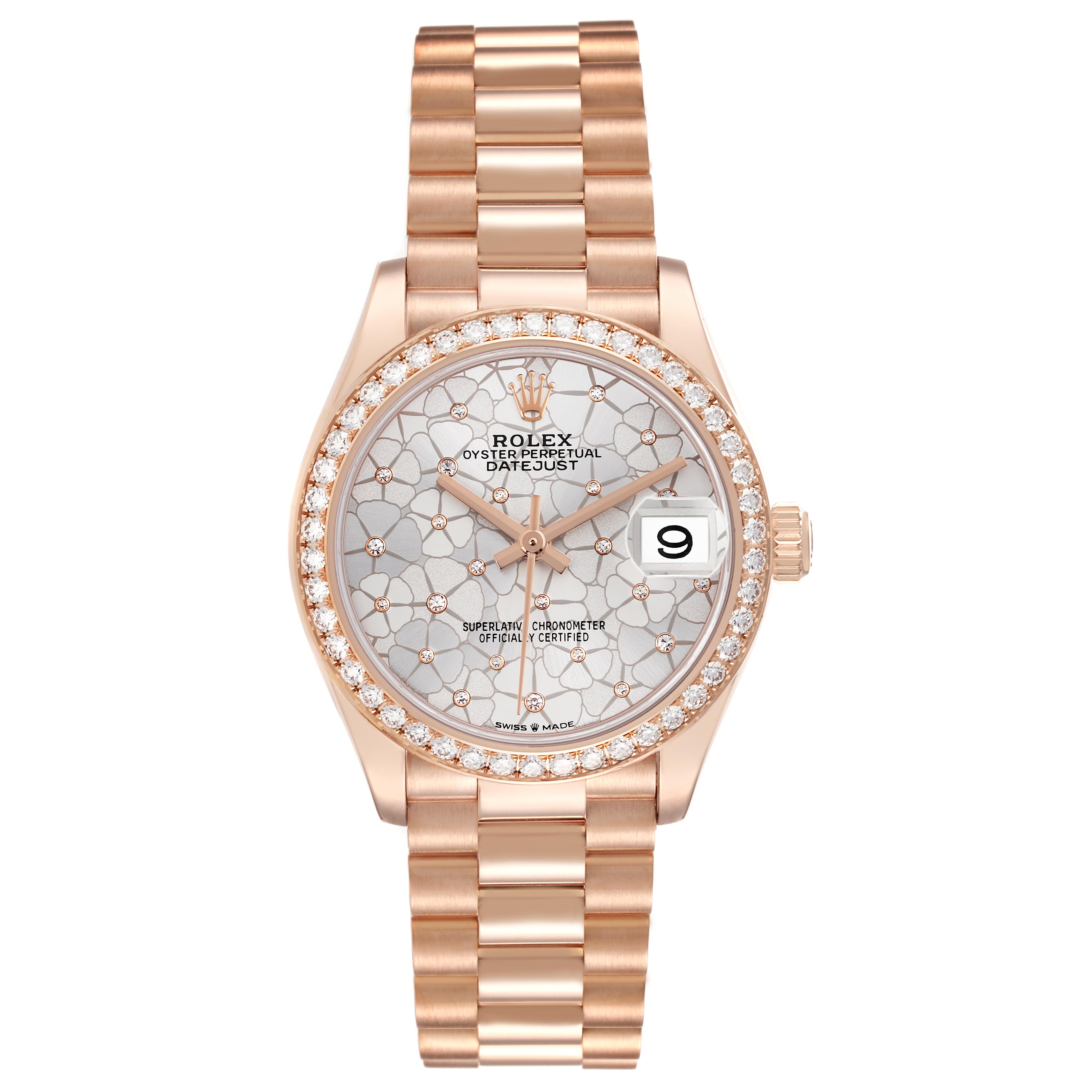 The Rolex Datejust is shown from a front angle, displaying the dial, bezel, case, bracelet, and crown.