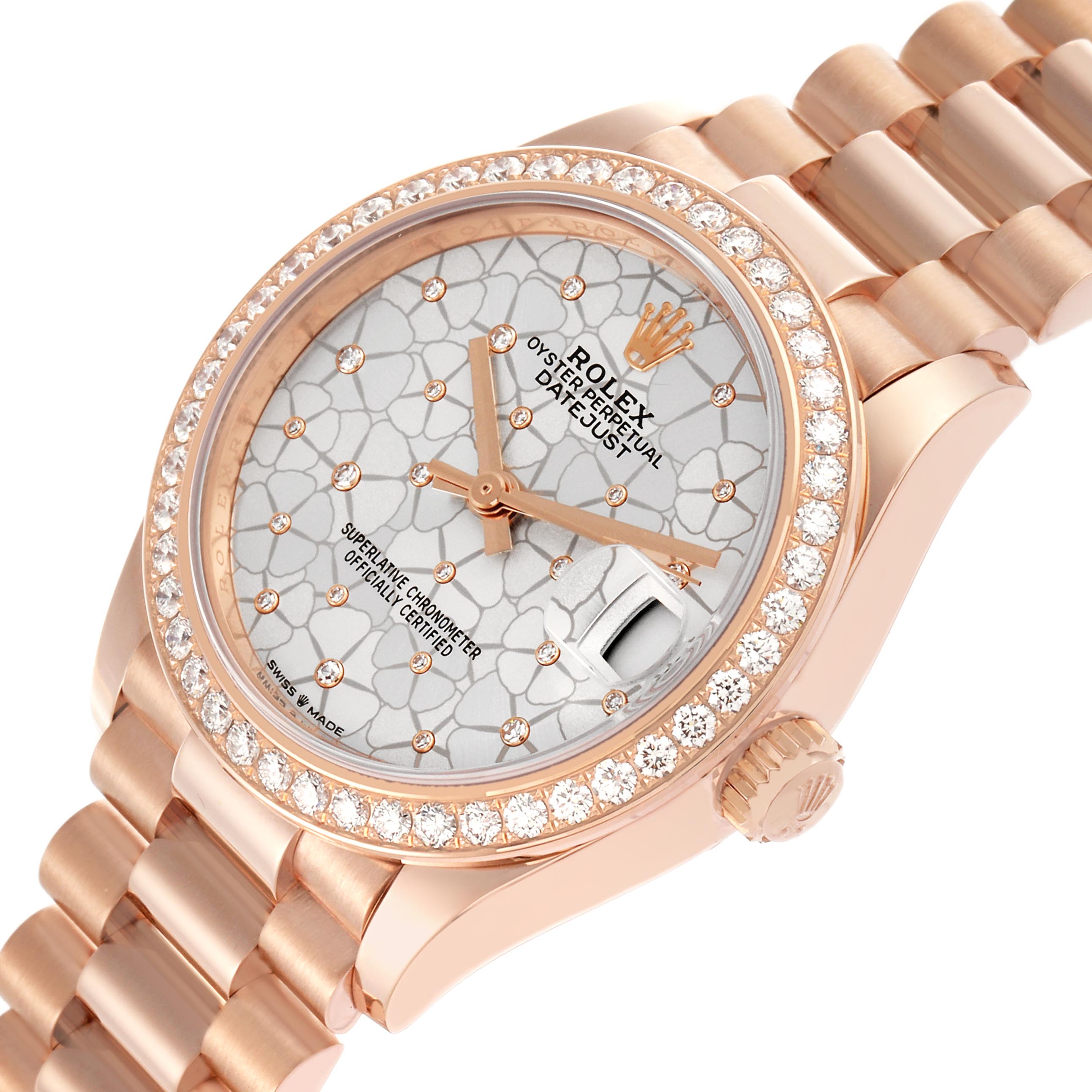 The Rolex Datejust watch is shown from a three-quarter angle, highlighting the dial, diamond bezel, and bracelet.