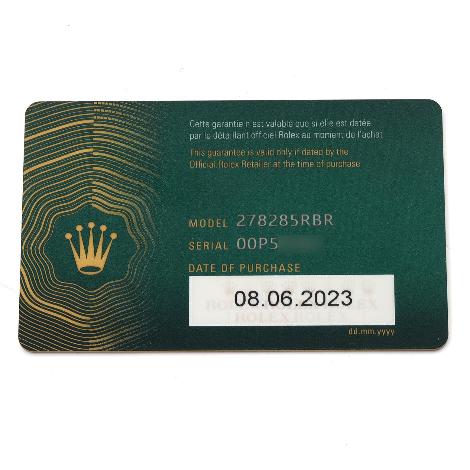 The image shows a warranty card for a Rolex Datejust, featuring model and serial information.